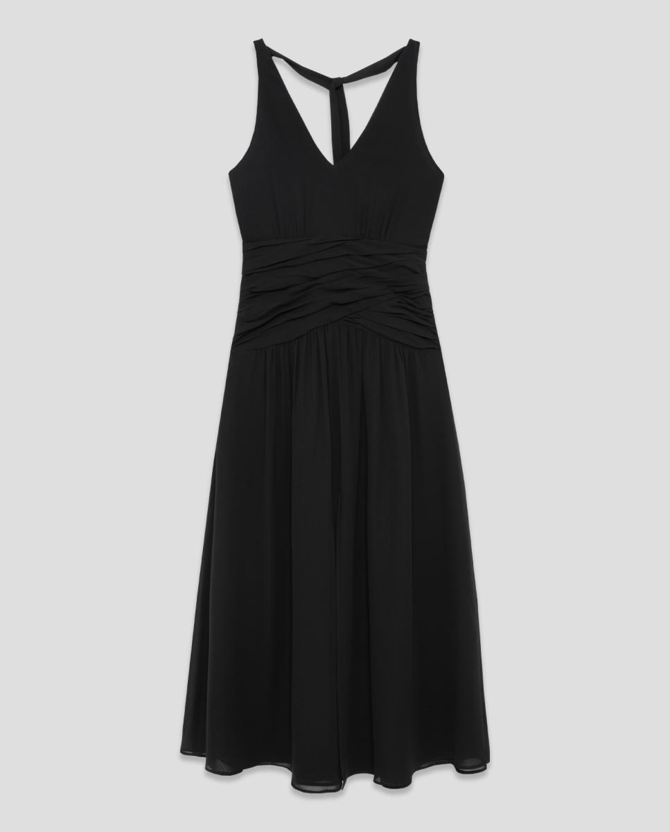 Vestido Midi Drapeado em Crepe com Cintura de Chiffon Preto-5