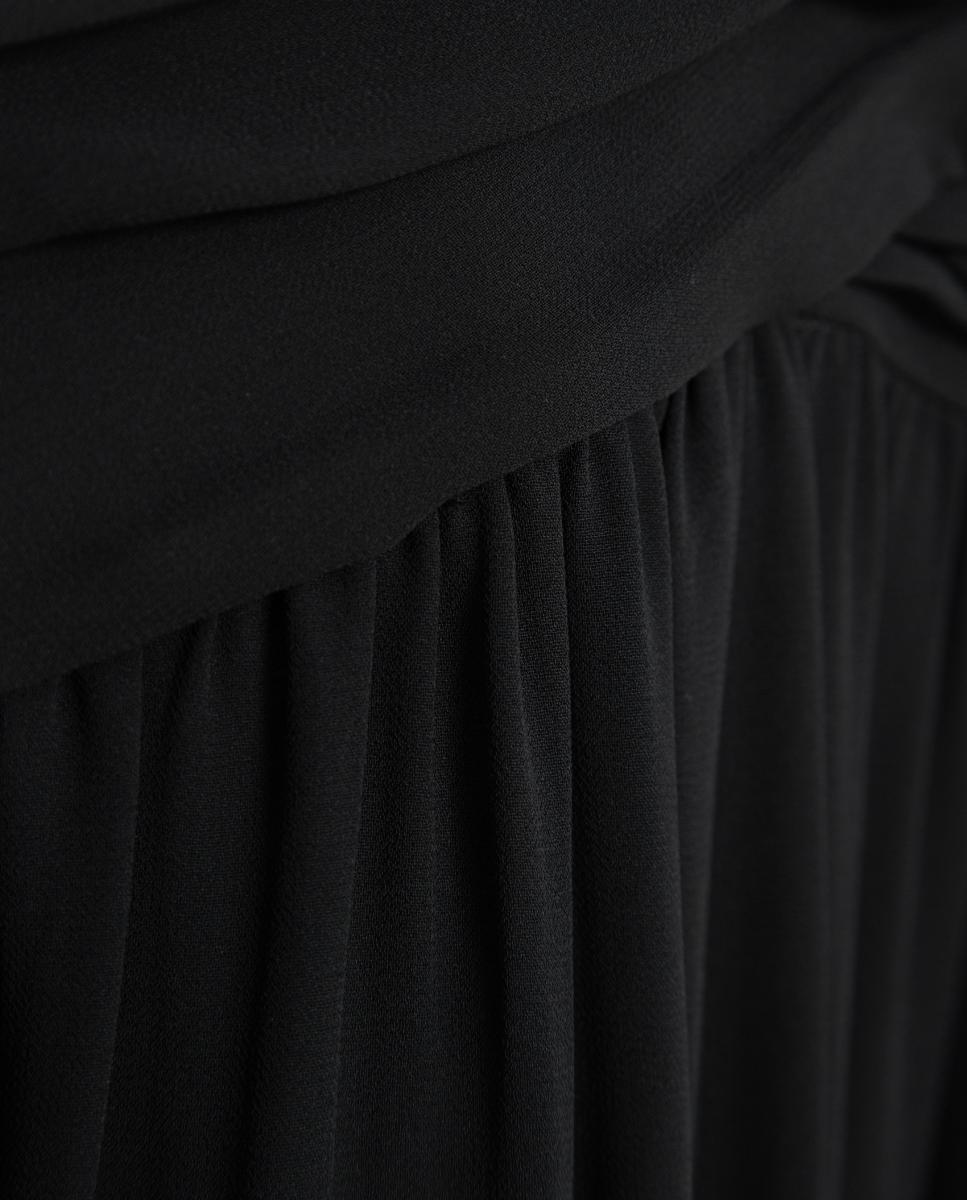 Vestido Midi Drapeado em Crepe com Cintura de Chiffon Preto-6