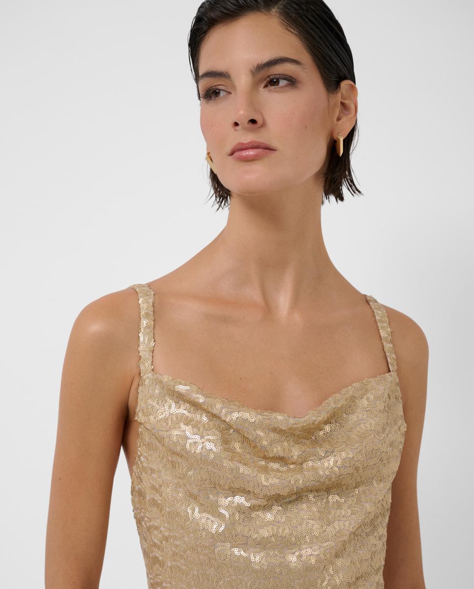 Vestido Rendilhado Midi com Lantejoulas Ouro-2