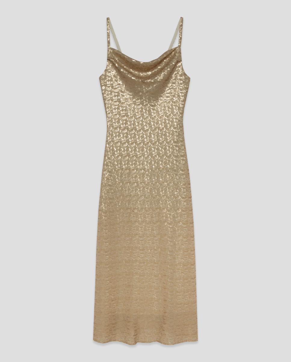 Vestido Rendilhado Midi com Lantejoulas Ouro-4
