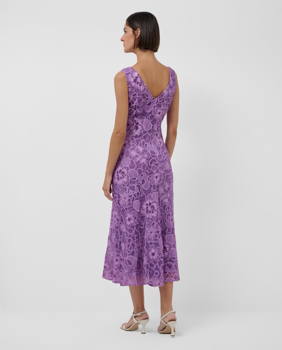 Vestido Midi de Seda Bordada com Decote em Bico Lilás-3