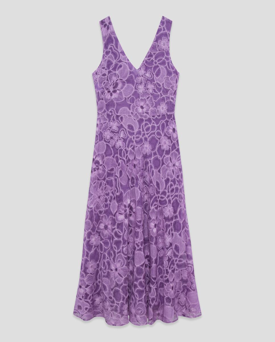 Vestido Midi de Seda Bordada com Decote em Bico Lilás-4