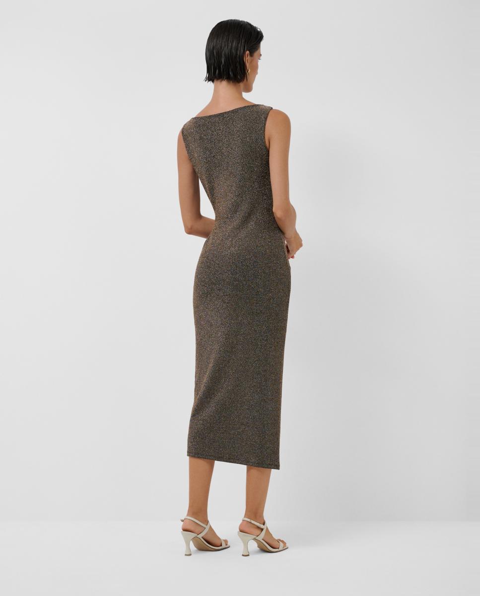 Vestido Midi Drapeado com Cintura em Malha Metalizada Ouro-3