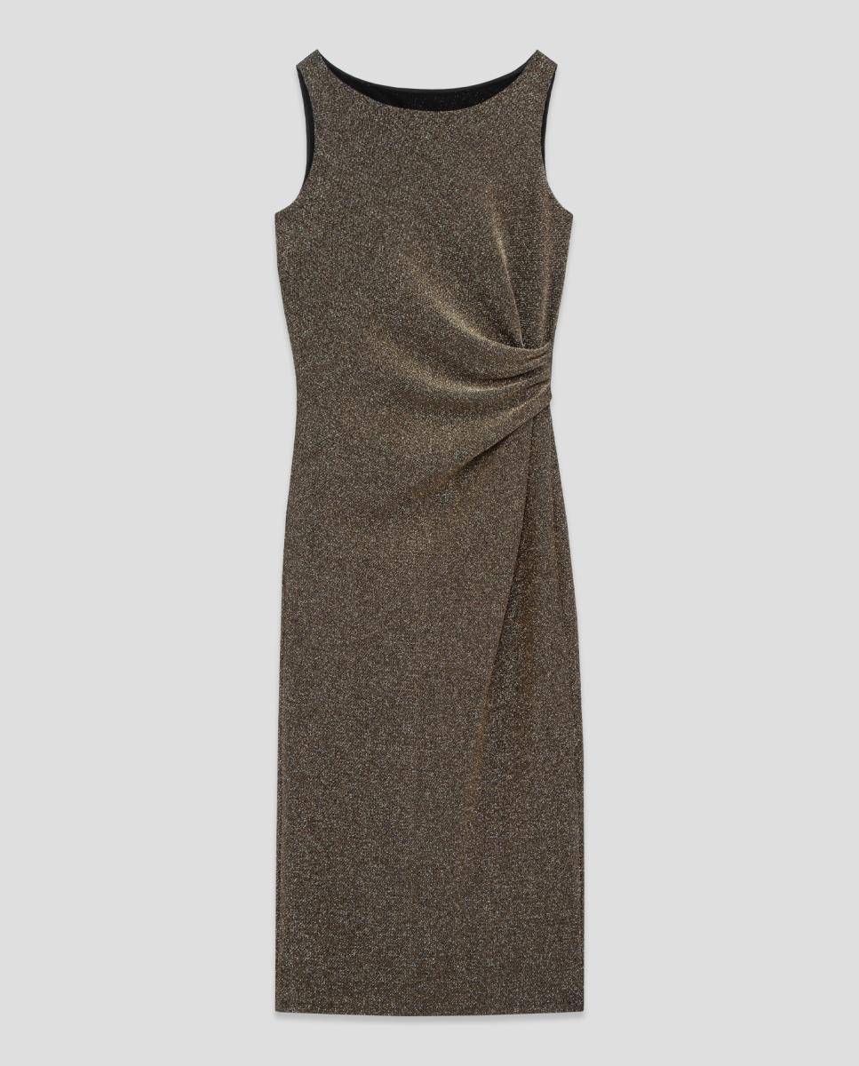 Vestido Midi Drapeado com Cintura em Malha Metalizada Ouro-5