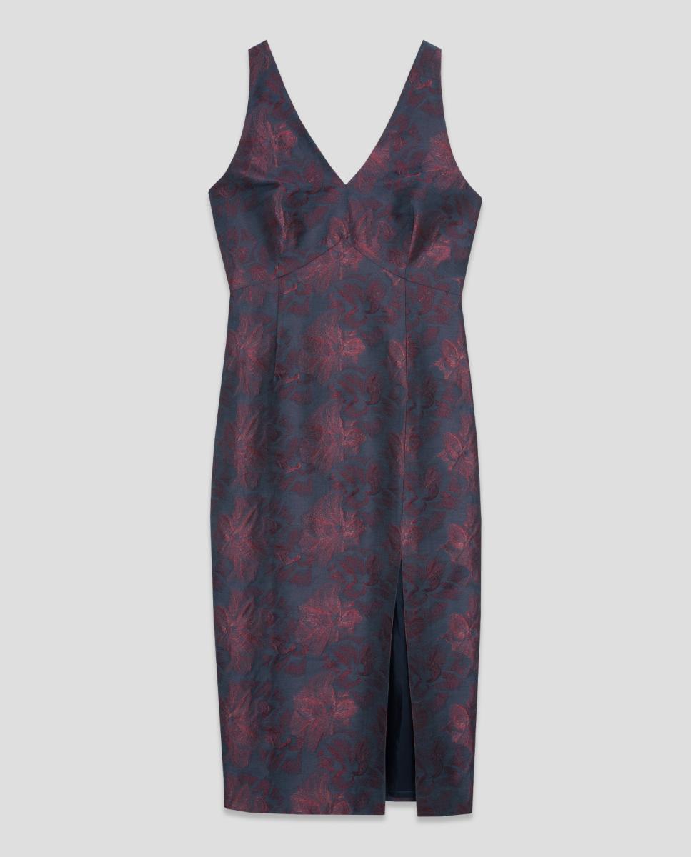 Vestido de Ganga sem Mangas e com Jacquard Floral Azul-marinho-4