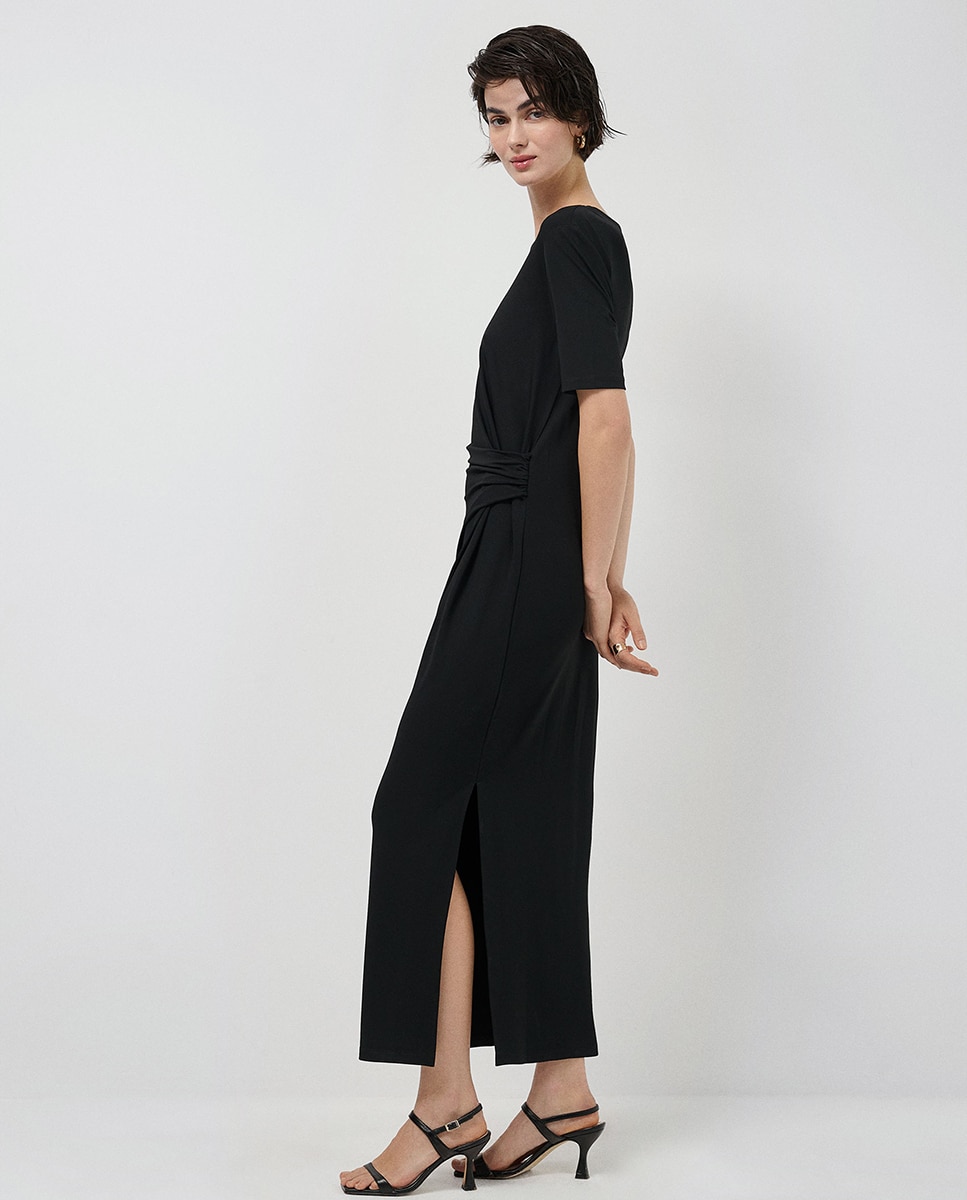 Vestido Franzido de Malha com Manga Curta Preto-2