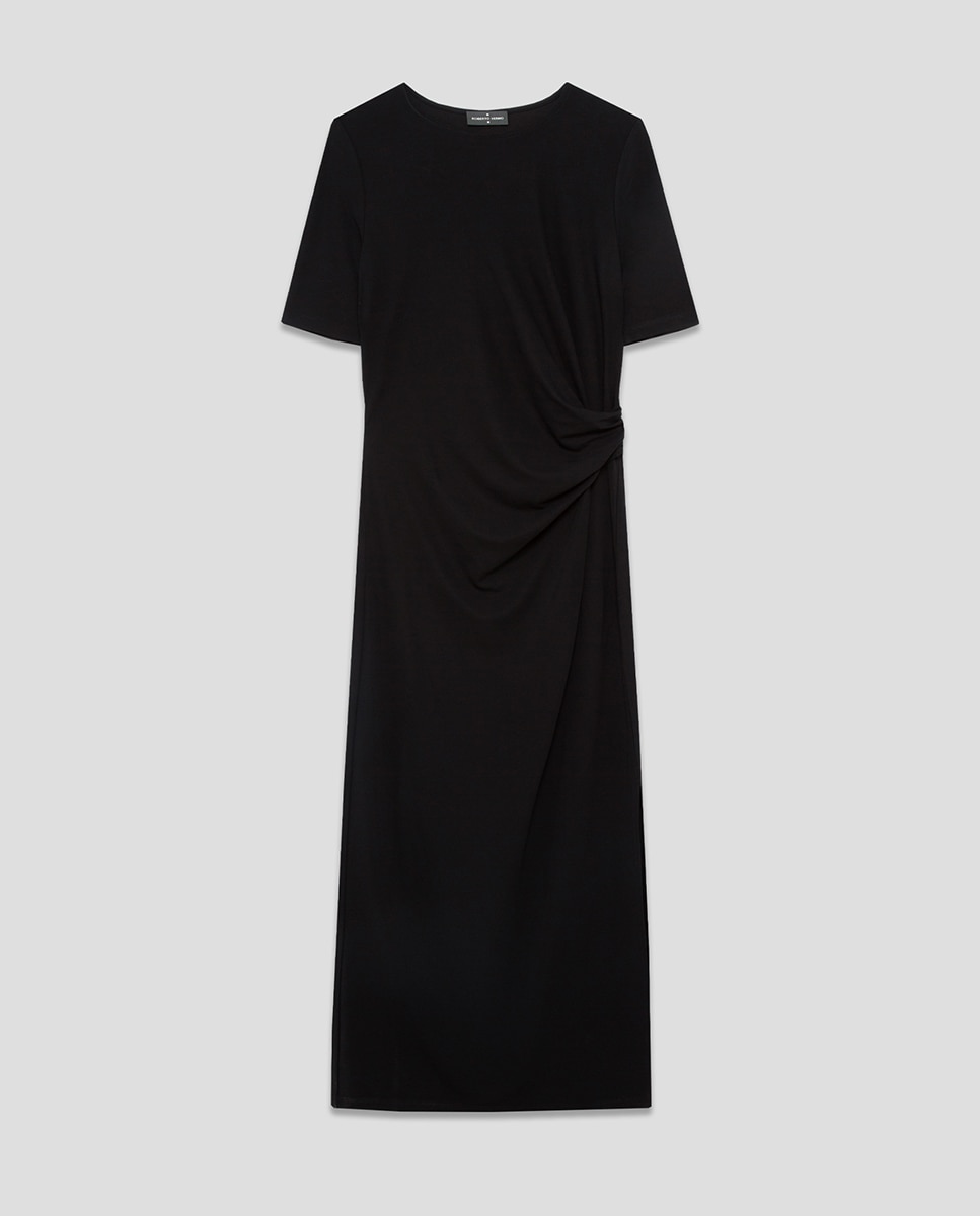 Vestido Franzido de Malha com Manga Curta Preto-5