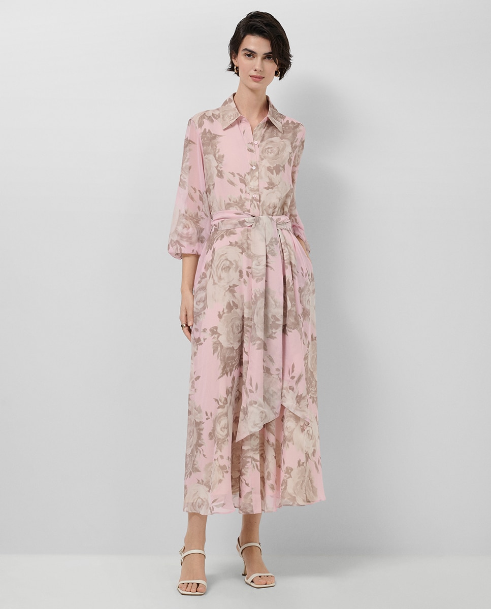 Vestido Camiseiro Comprido de Chiffon com Estampado Floral Rosa-claro-2