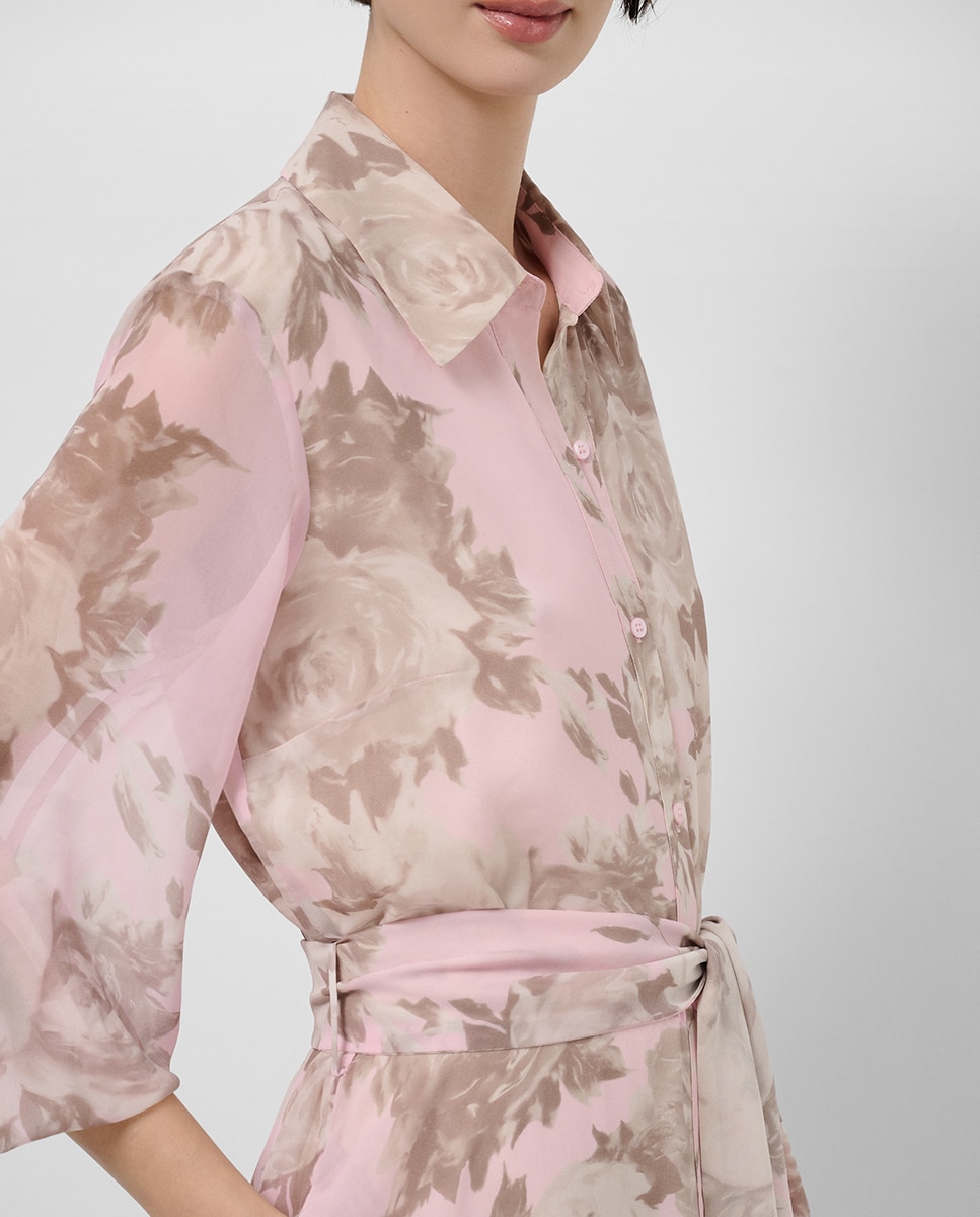 Vestido Camiseiro Comprido de Chiffon com Estampado Floral Rosa-claro-3