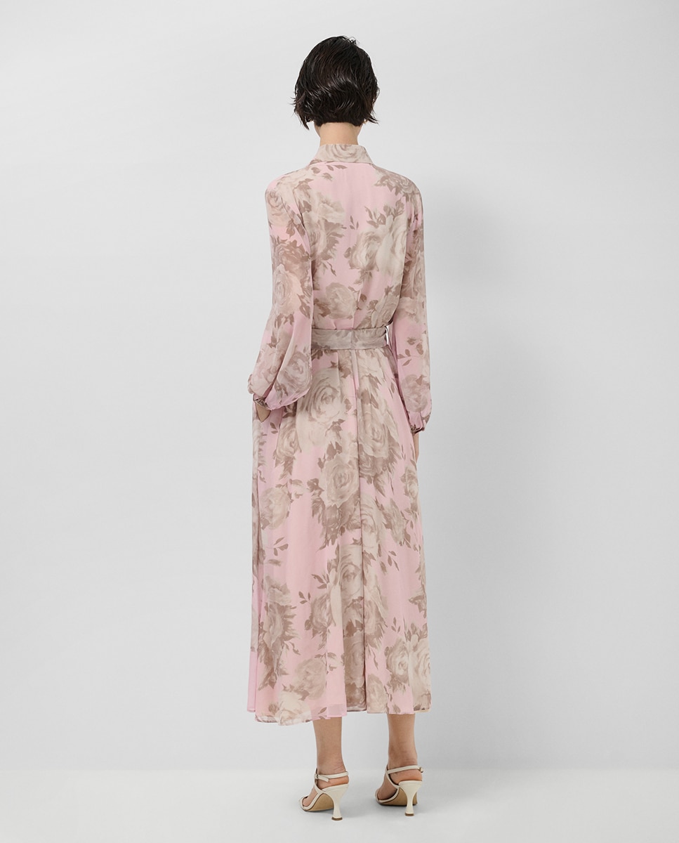 Vestido Camiseiro Comprido de Chiffon com Estampado Floral Rosa-claro-4