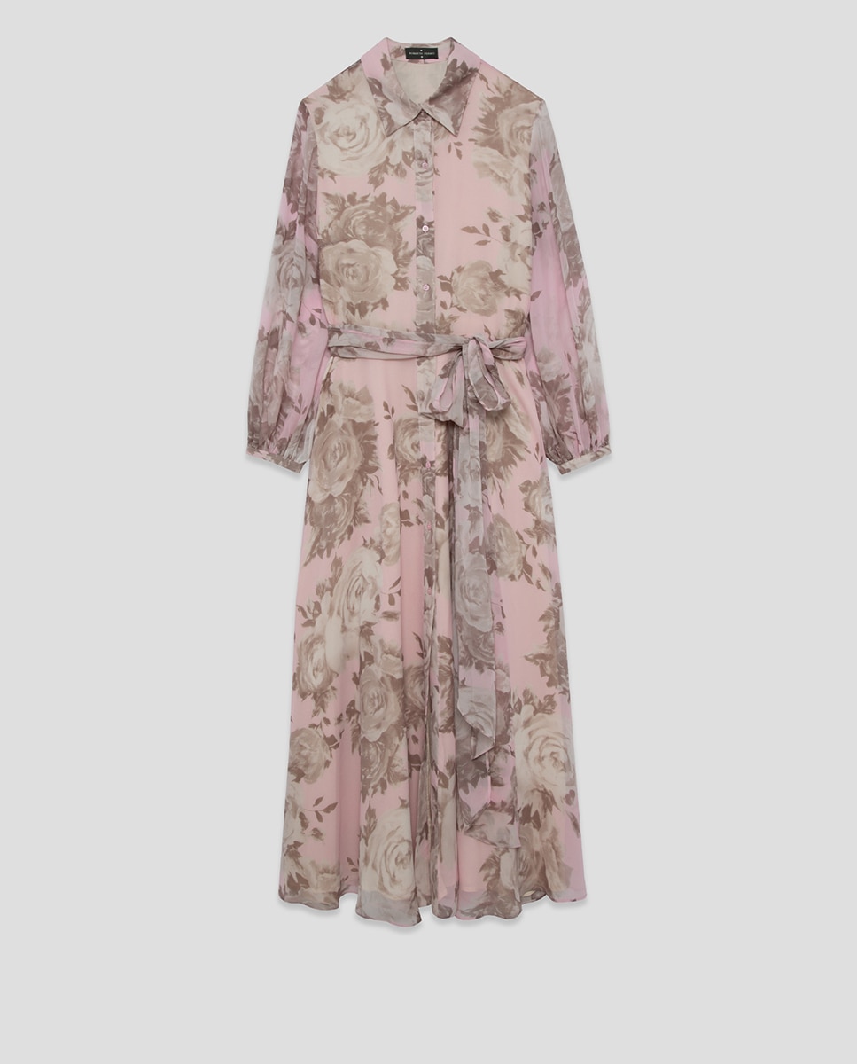 Vestido Camiseiro Comprido de Chiffon com Estampado Floral Rosa-claro-6