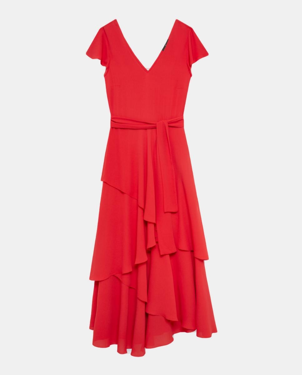 Vestido de Chiffon Fluida com Folhos Vermelho-5