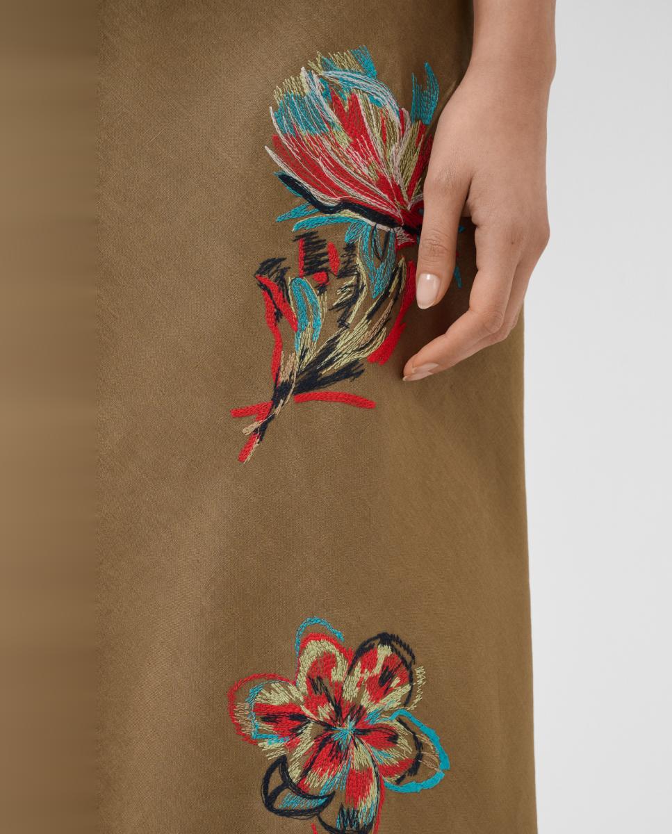 Vestido de Linho sem Mangas com Bordado Floral Castanho-2