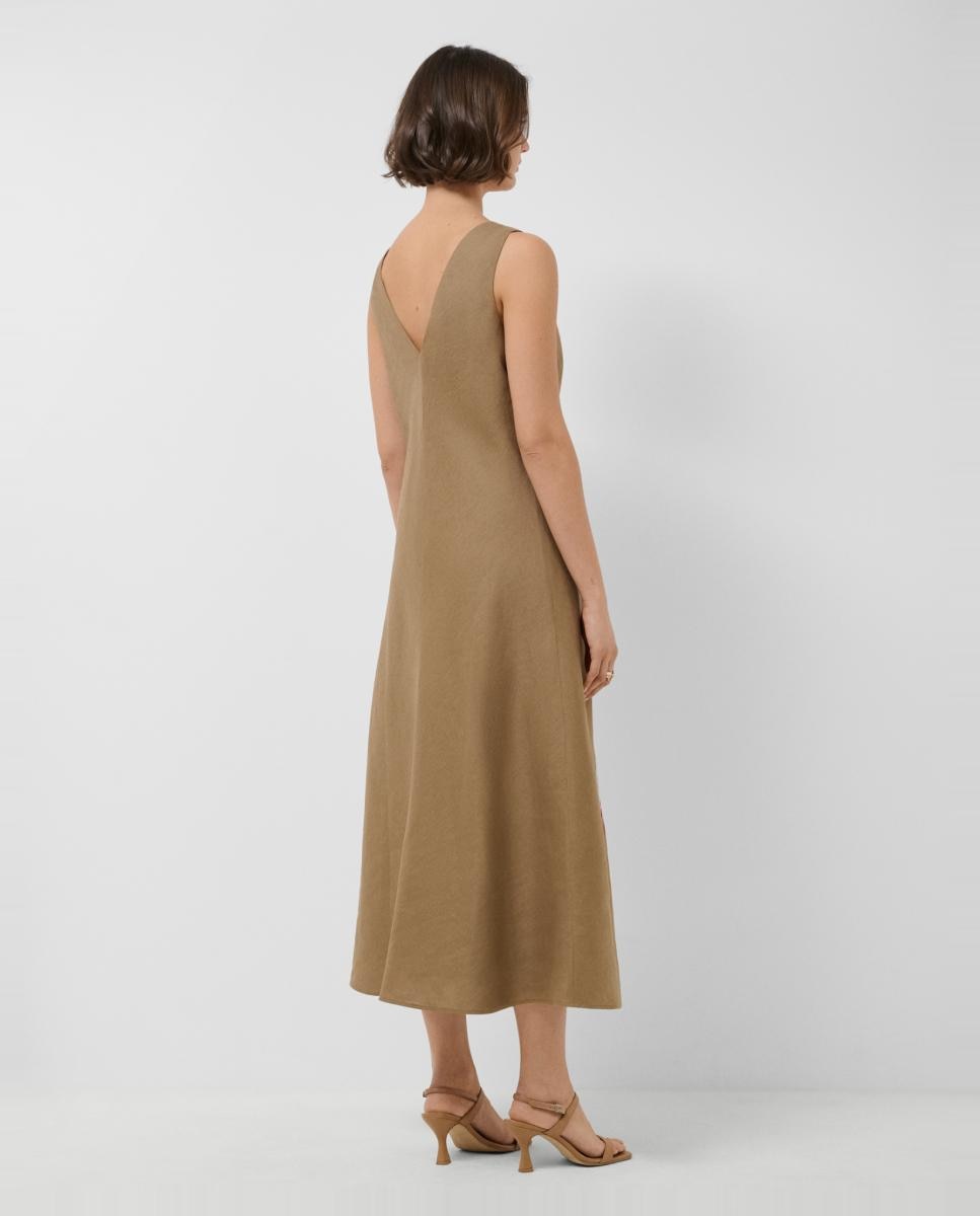 Vestido de Linho sem Mangas com Bordado Floral Castanho-4