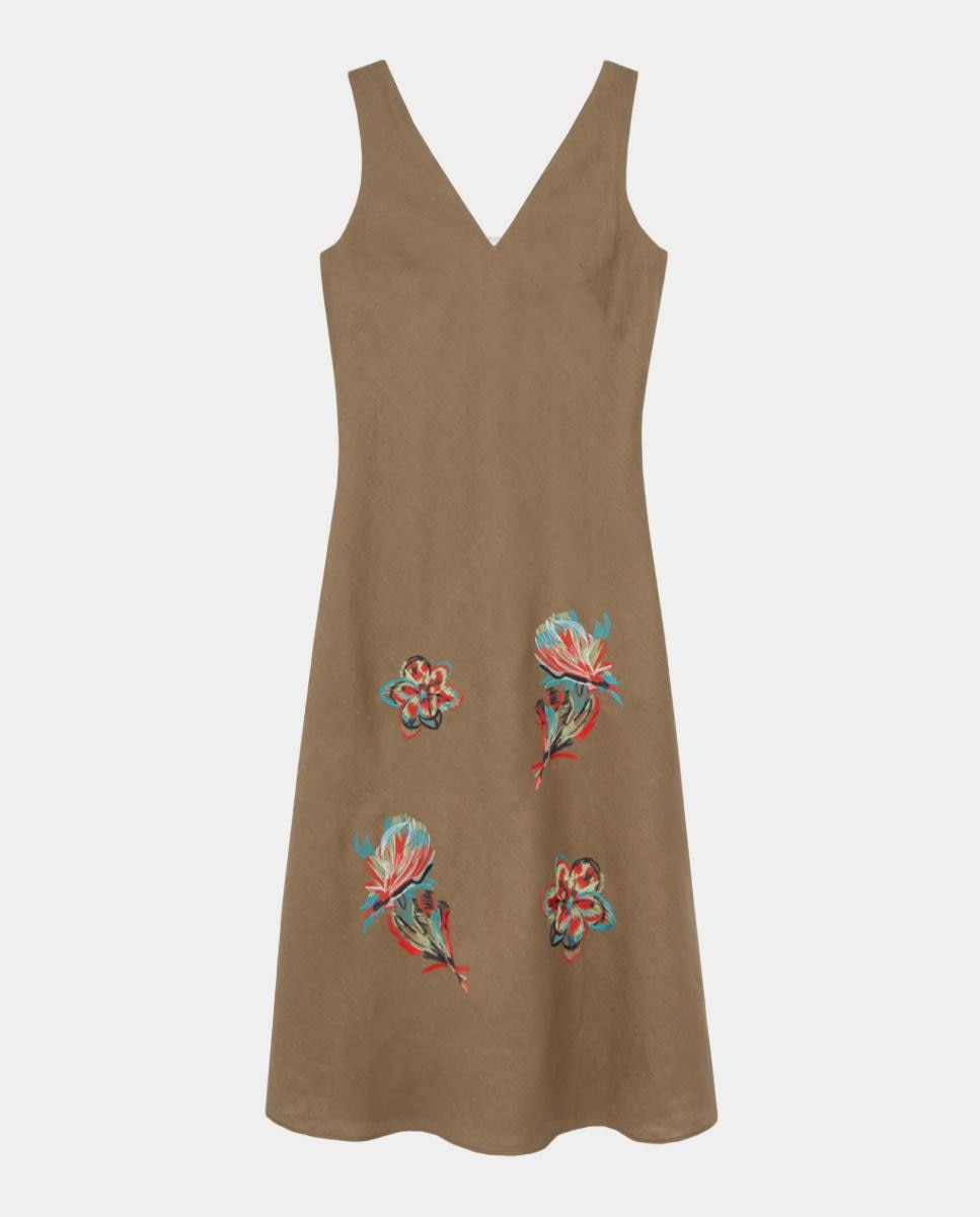 Vestido de Linho sem Mangas com Bordado Floral Castanho-5