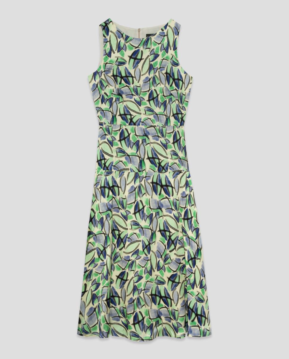 Vestido Evasê sem Mangas e com Estampado Verde-3