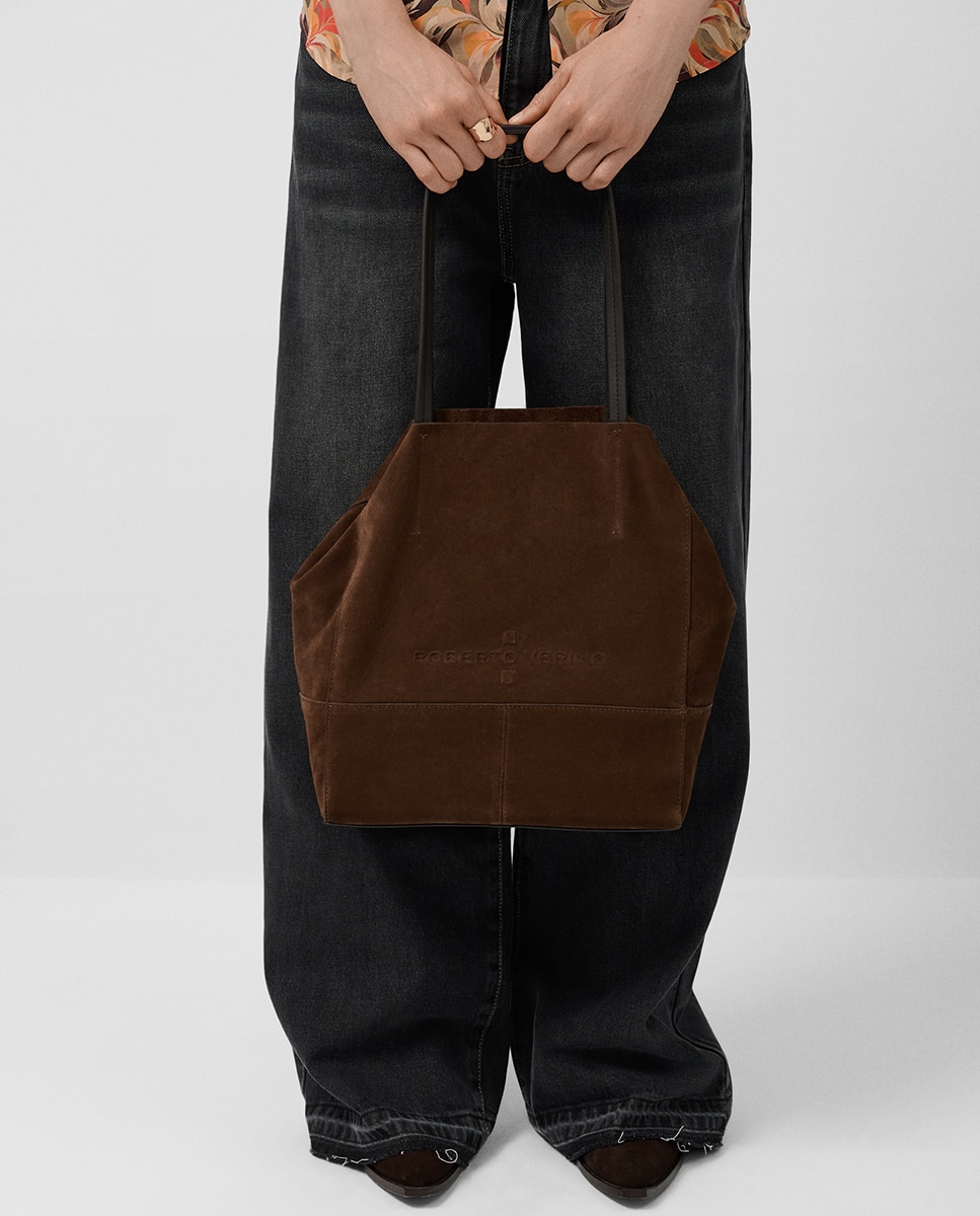 Mala Shopper Megan Midi de Camurça Castanho-6