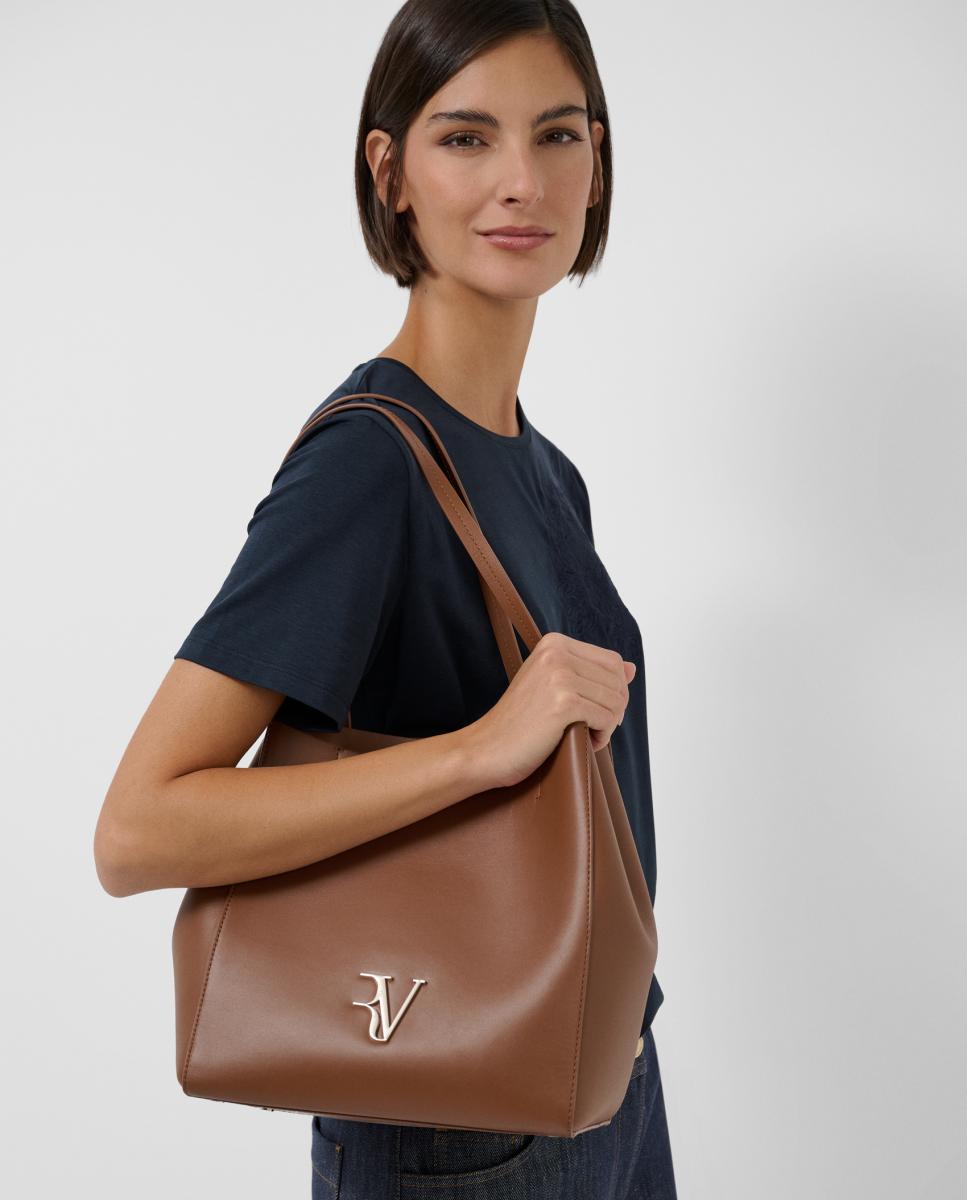 Mala Tipo Tote Bruna Maxi em Pele Castanho-claro-6