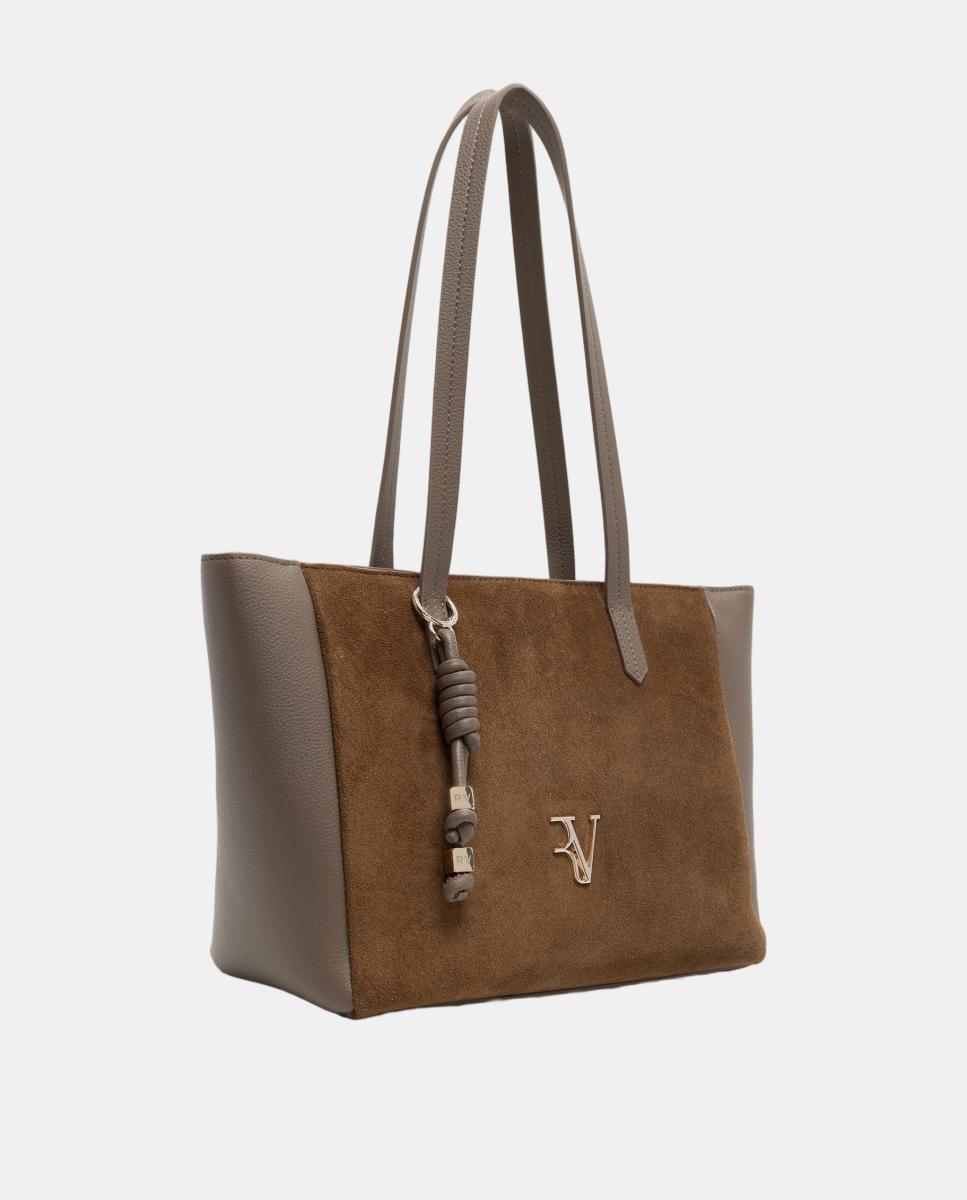 Mala Shopper María Maxi em Pele e Camurça Castanho-claro-2