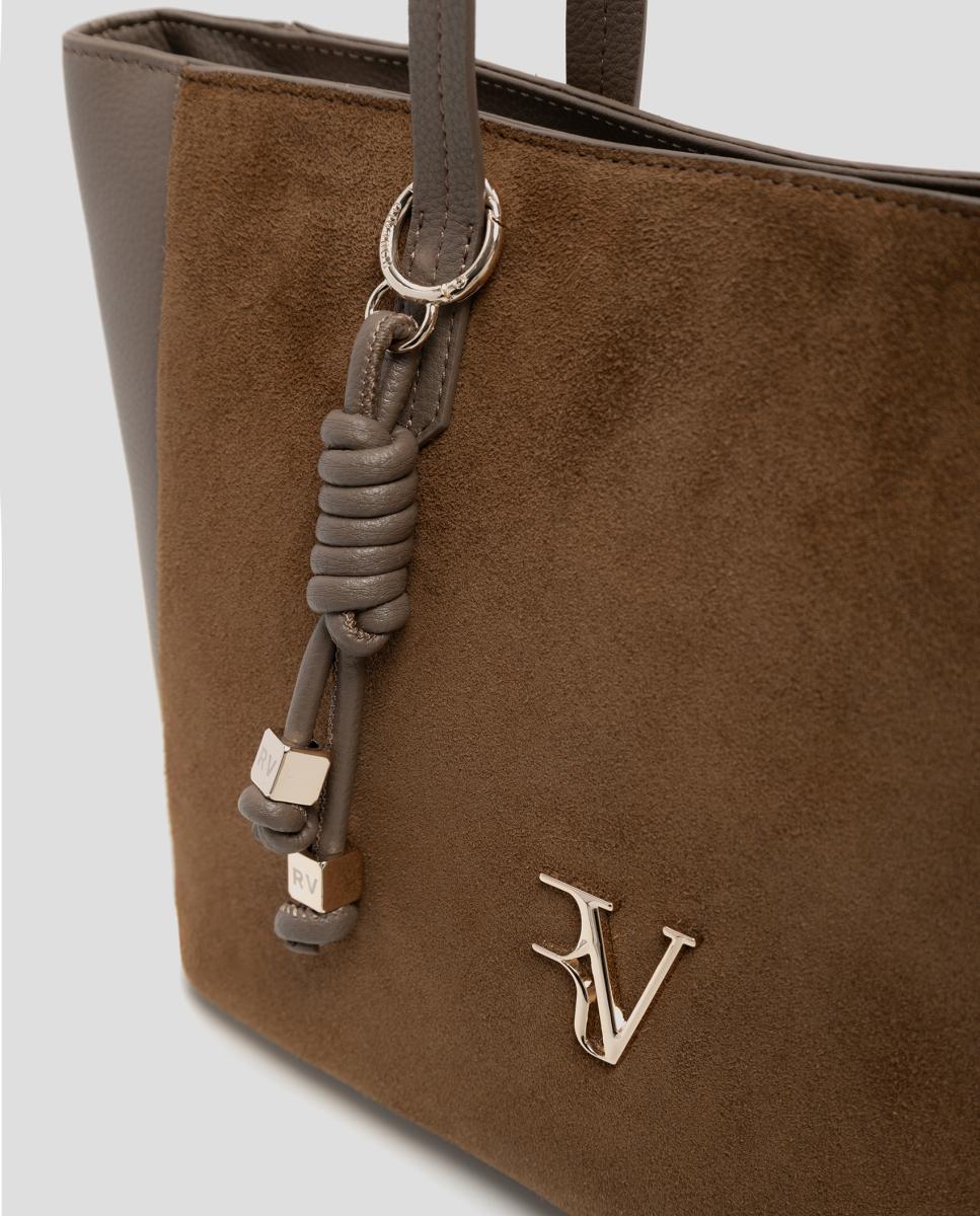 Mala Shopper María Maxi em Pele e Camurça Castanho-claro-3