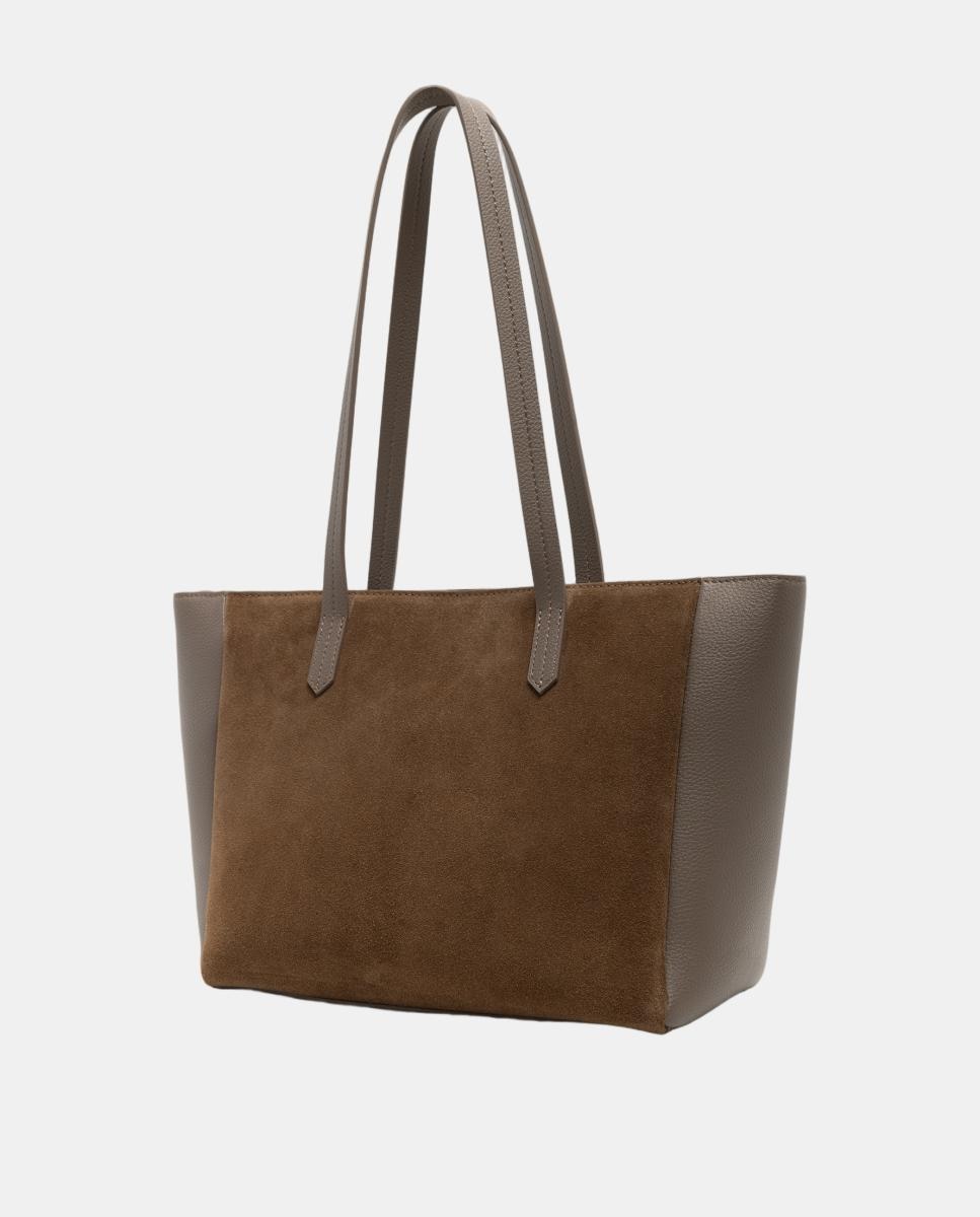 Mala Shopper María Maxi em Pele e Camurça Castanho-claro-4