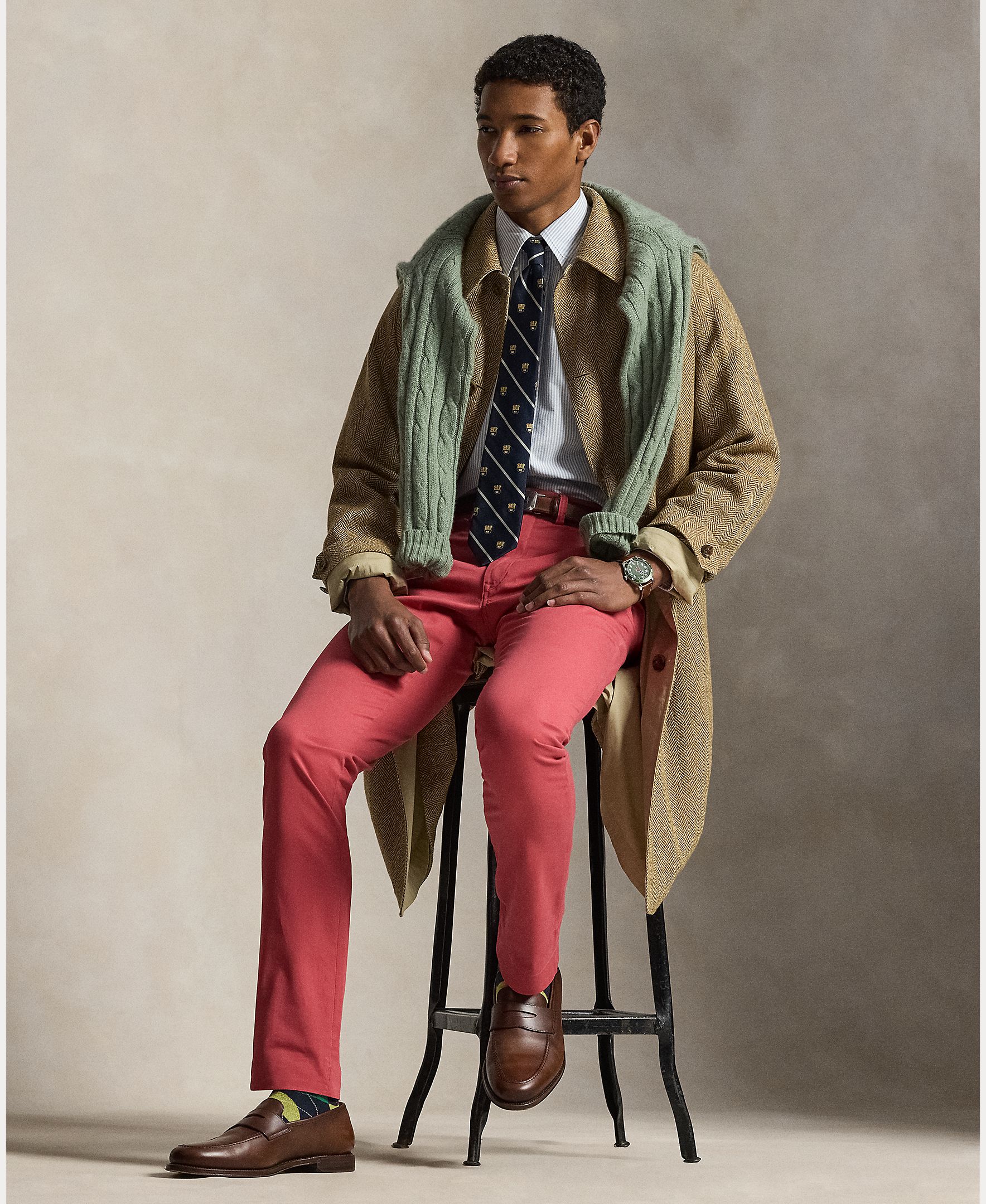Calças Chino de Homem em Sarja Elástica Slim Fit Vermelho Intenso Mate-6