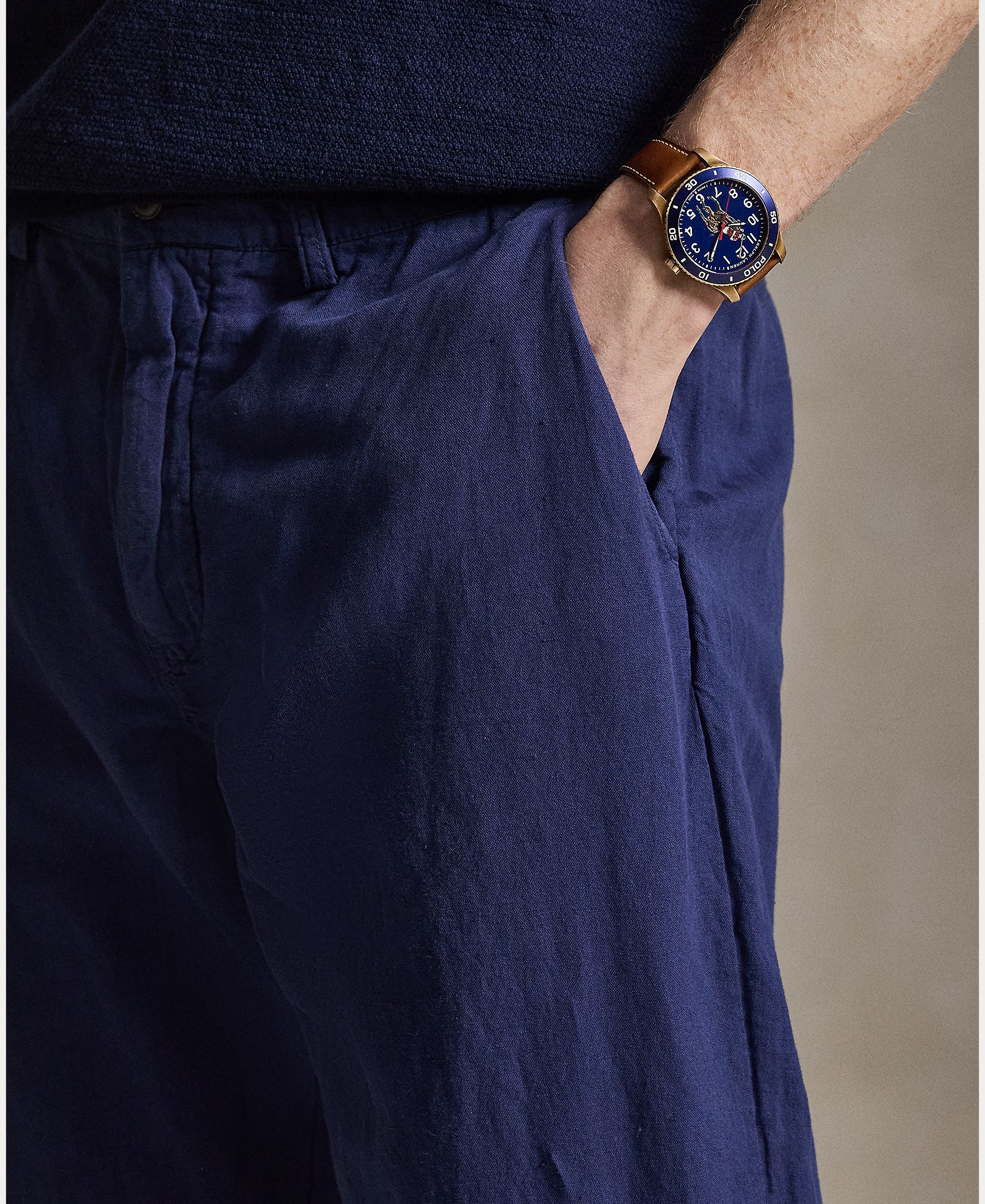Calças Chino de Linho e Algodão Slim Fit Azul-marinho-5