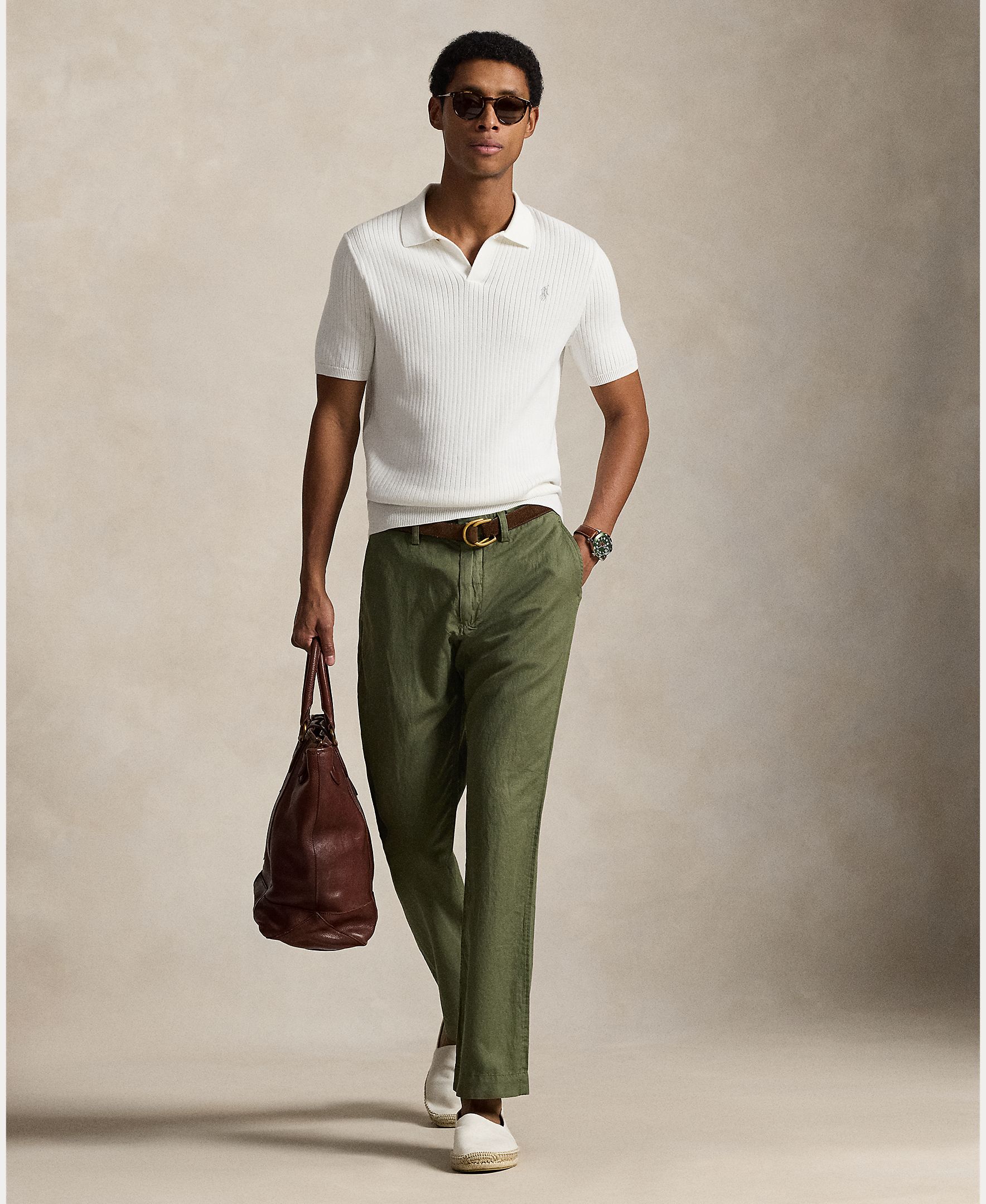 Calças Chino de Linho e Algodão Slim Fit Musgo-1