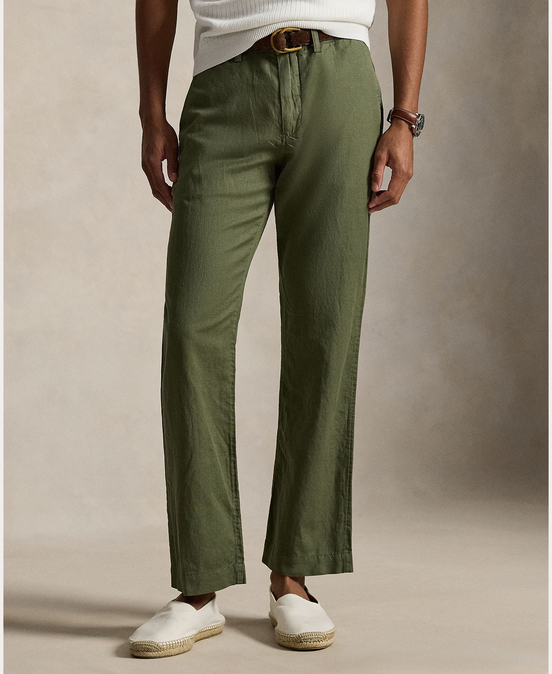 Calças Chino de Linho e Algodão Slim Fit Musgo-3