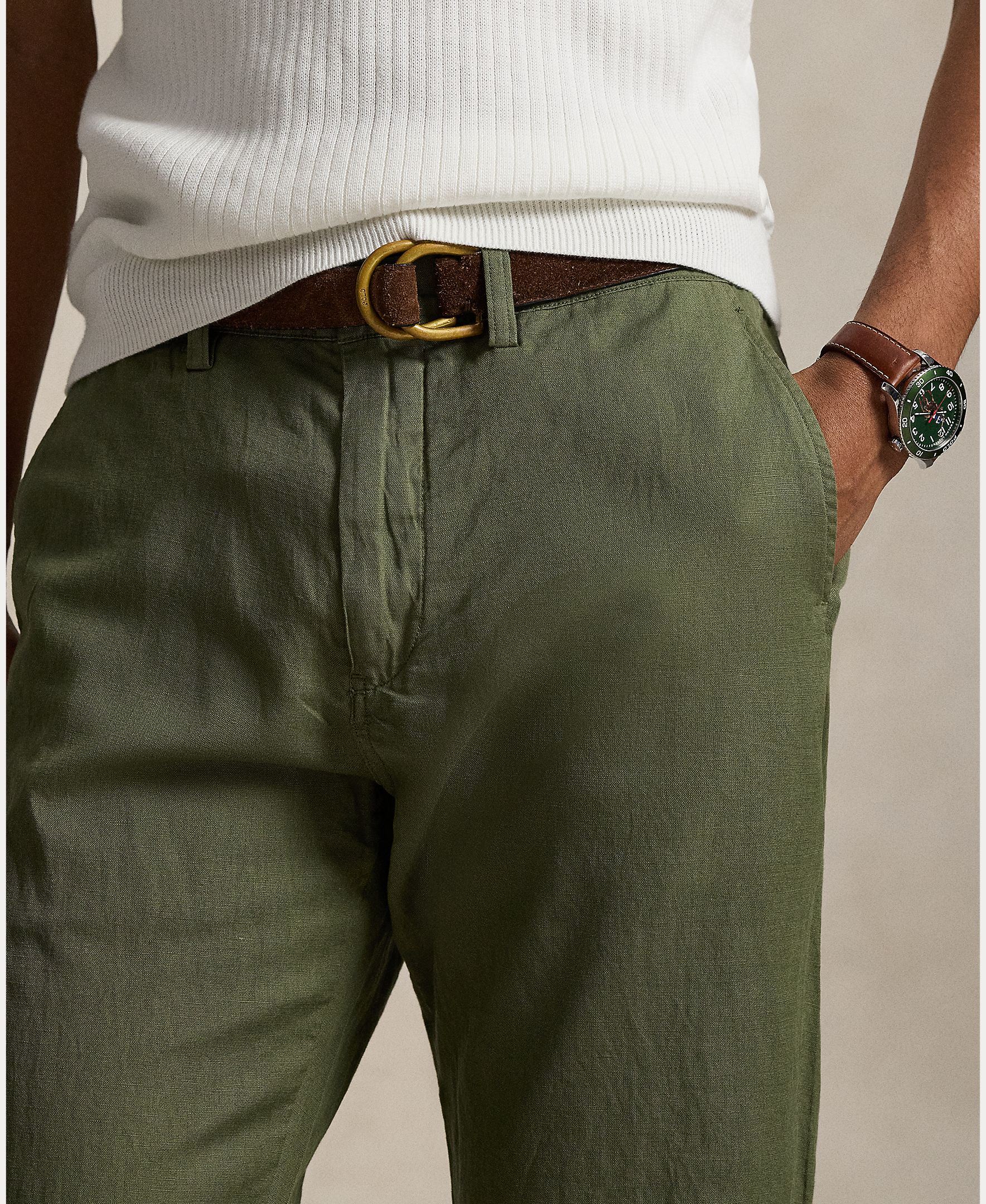 Calças Chino de Linho e Algodão Slim Fit Musgo-5