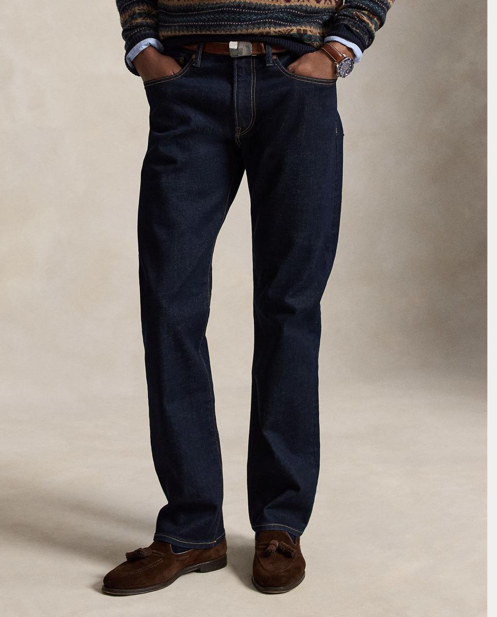 Jeans Straight de Algodão Elástico Azul-escuro-3