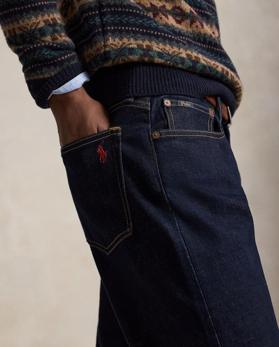Jeans Straight de Algodão Elástico Azul-escuro-5