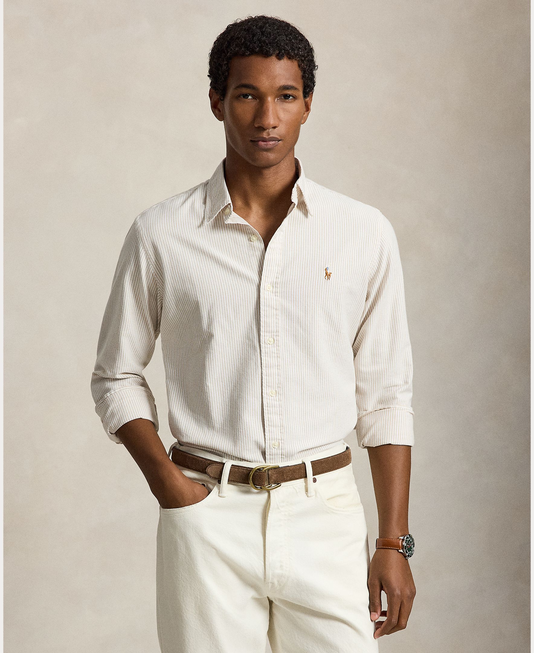 Camisa de hombre oxford con rayas Desgastado Mint Blanco - Polo Ralph Lauren - Camel Camel-1