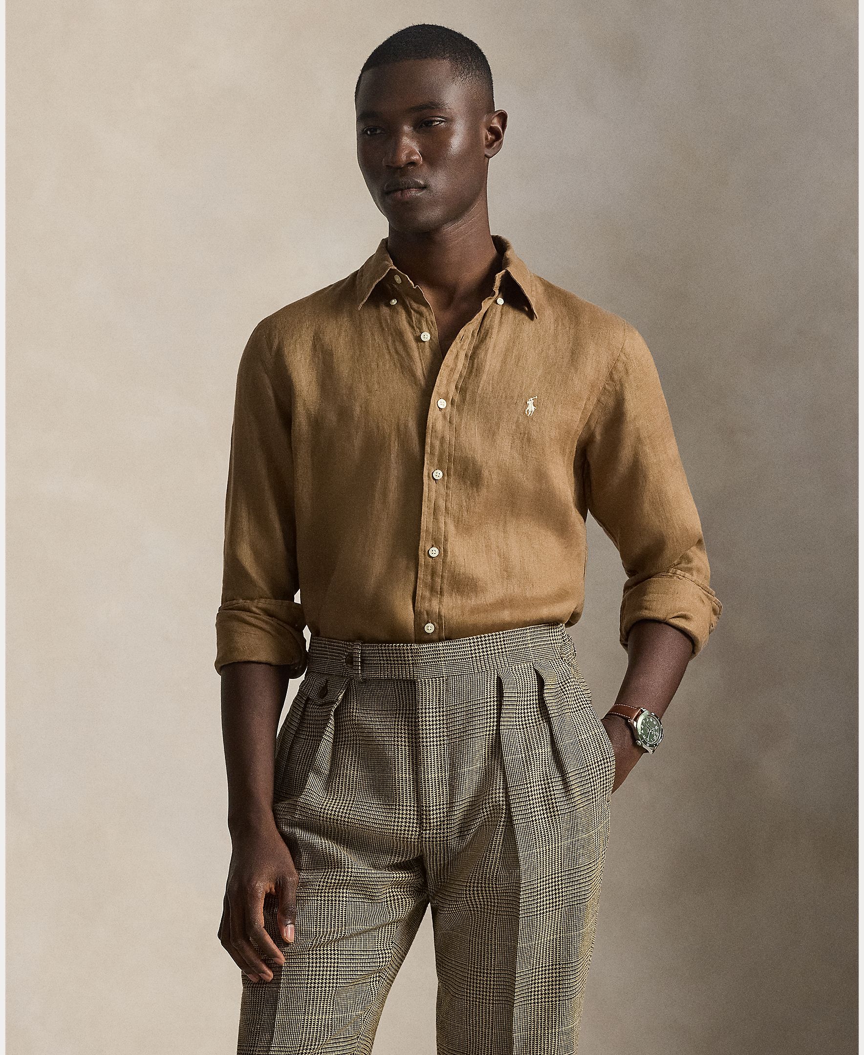 Camisa de Linho Classic Fit Castanho-escuro-1