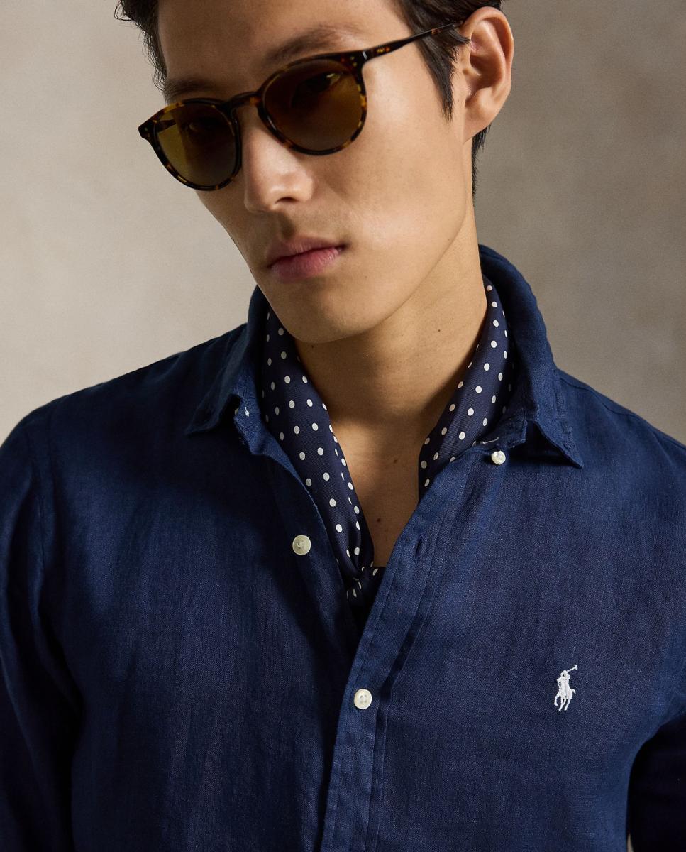Camisa Slim Fit de Linho Azul-marinho-4