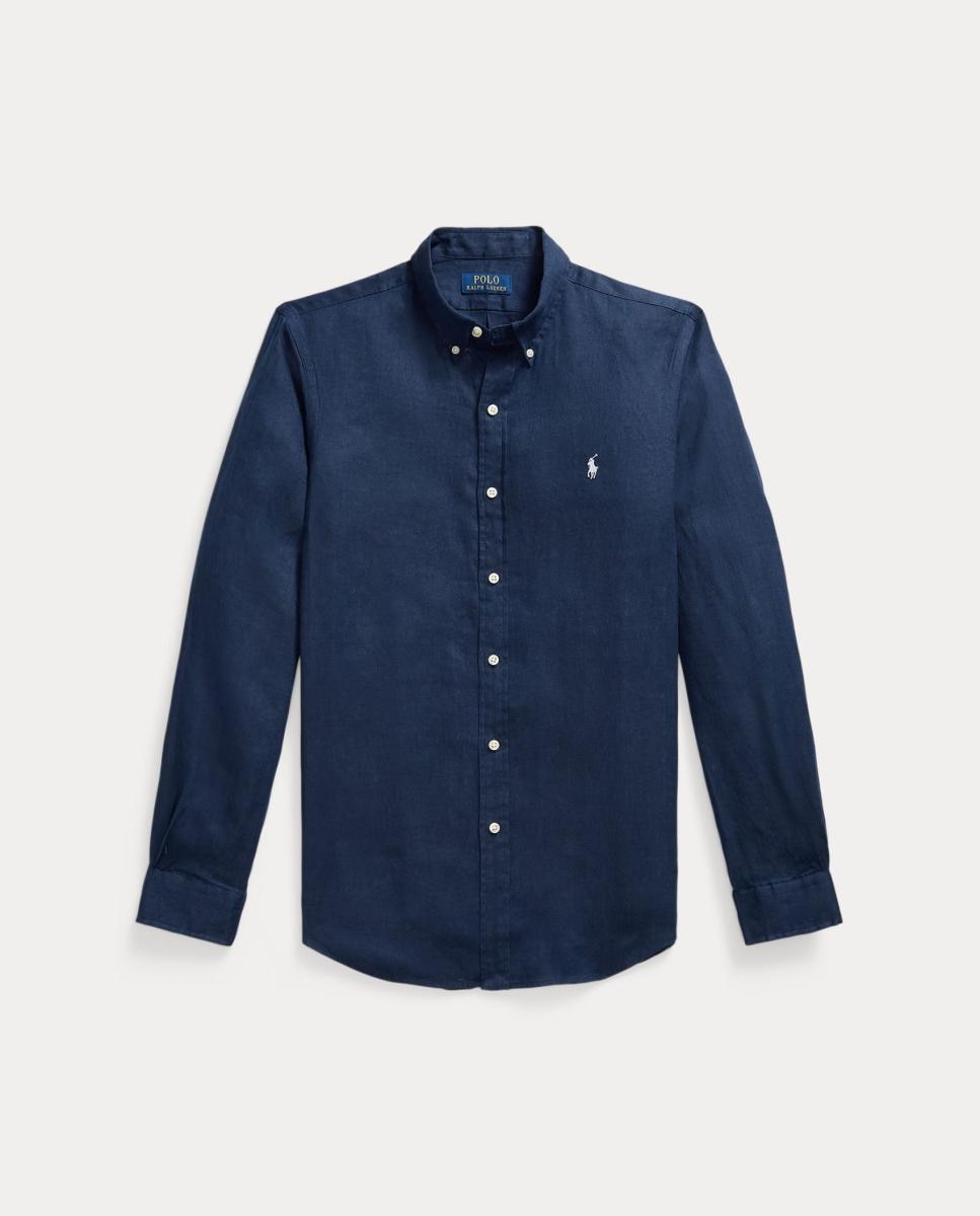 Camisa Slim Fit de Linho Azul-marinho-5