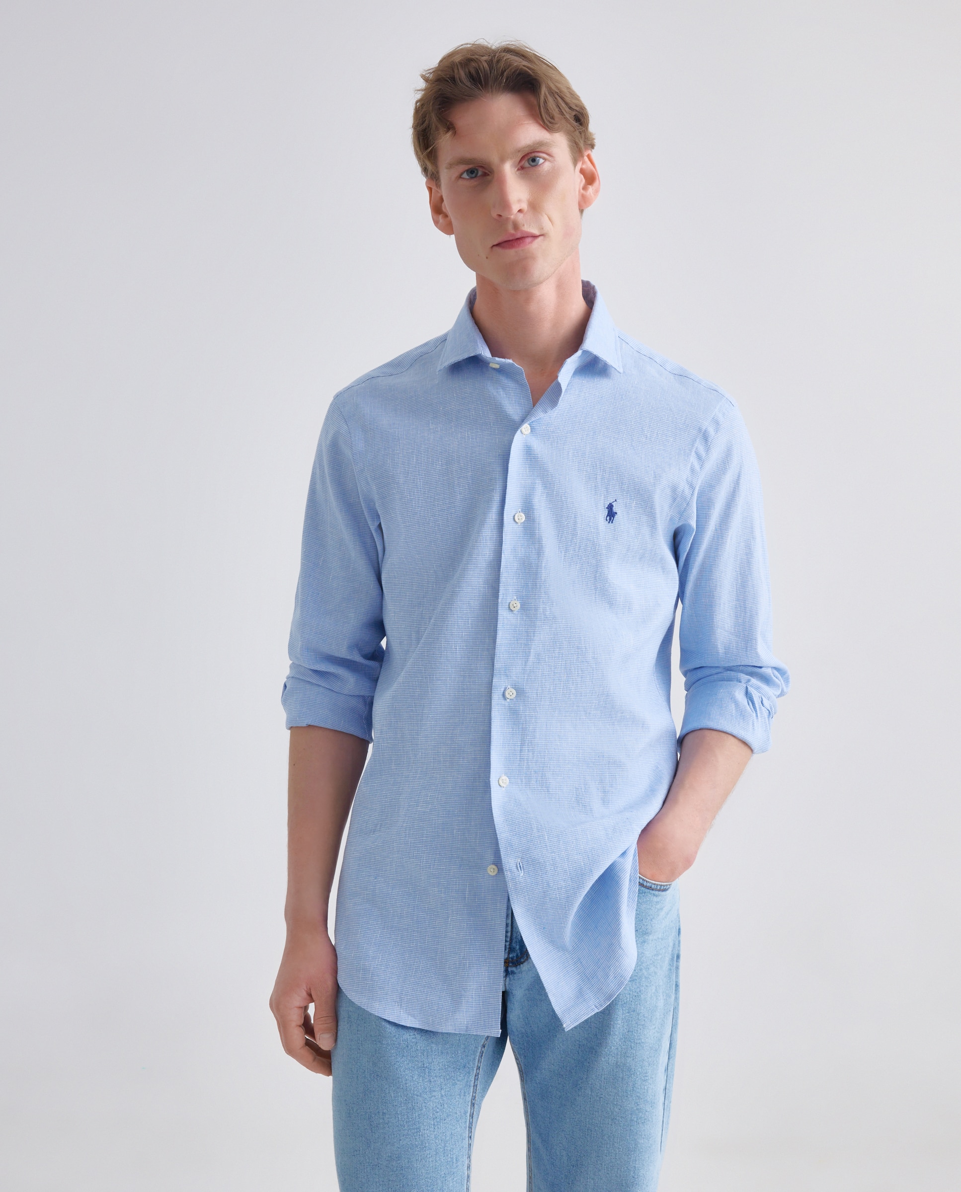 Camisa Slim Fit de Linho Azul-acinzentado-1