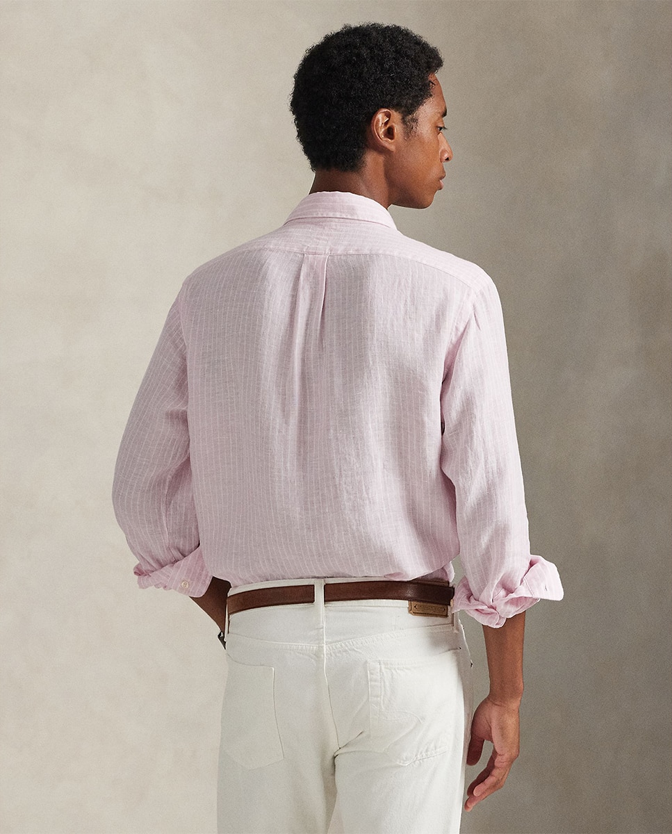 Camisa Regular Fit de Linho às Riscas com Bolso Rosa-claro-2