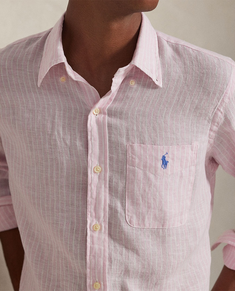 Camisa Regular Fit de Linho às Riscas com Bolso Rosa-claro-3