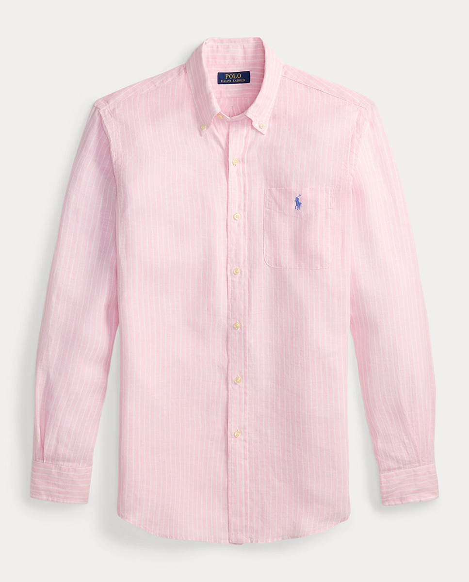 Camisa Regular Fit de Linho às Riscas com Bolso Rosa-claro-4
