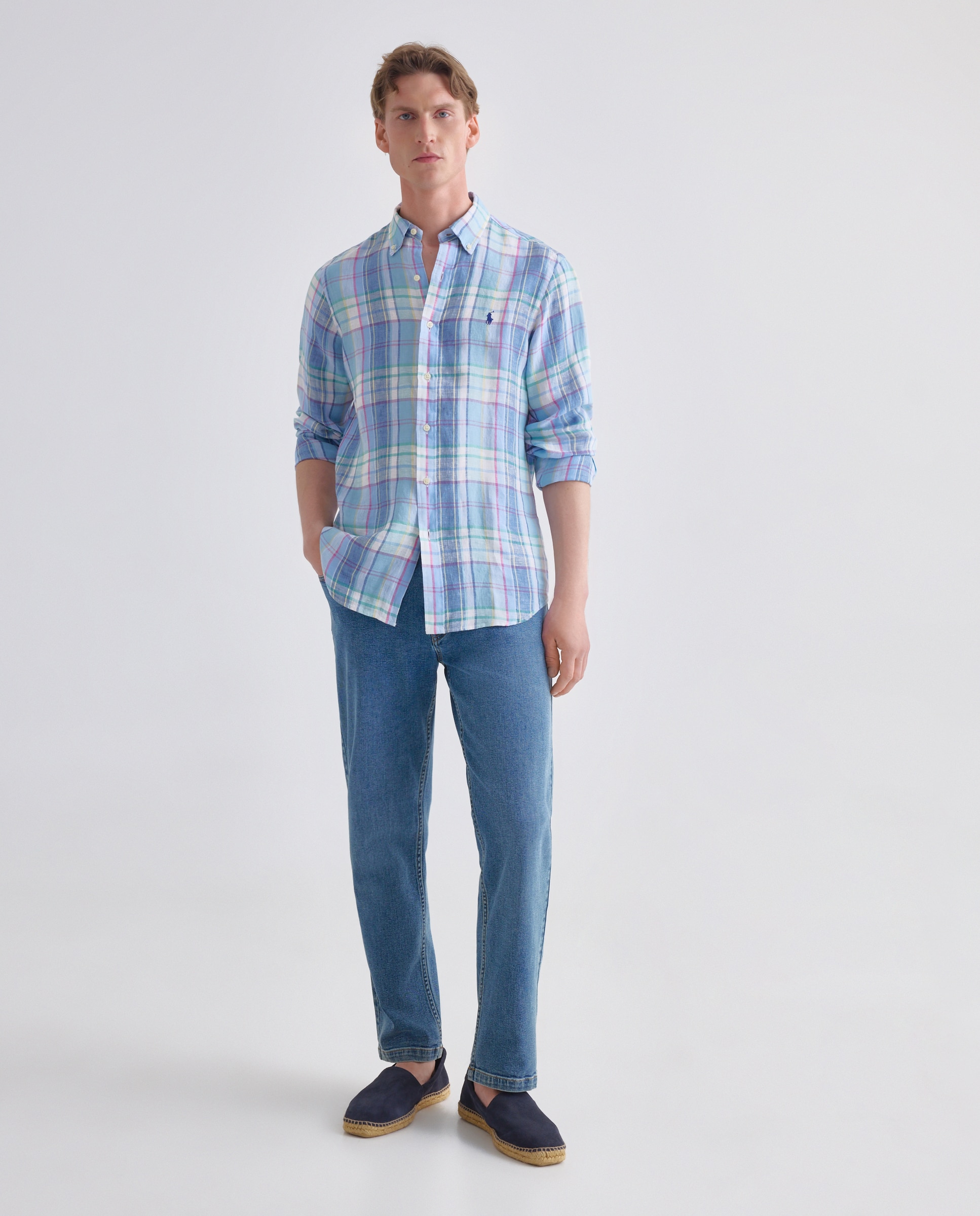 Camisa de Linho aos Quadrados Classic Fit Multicolor-3