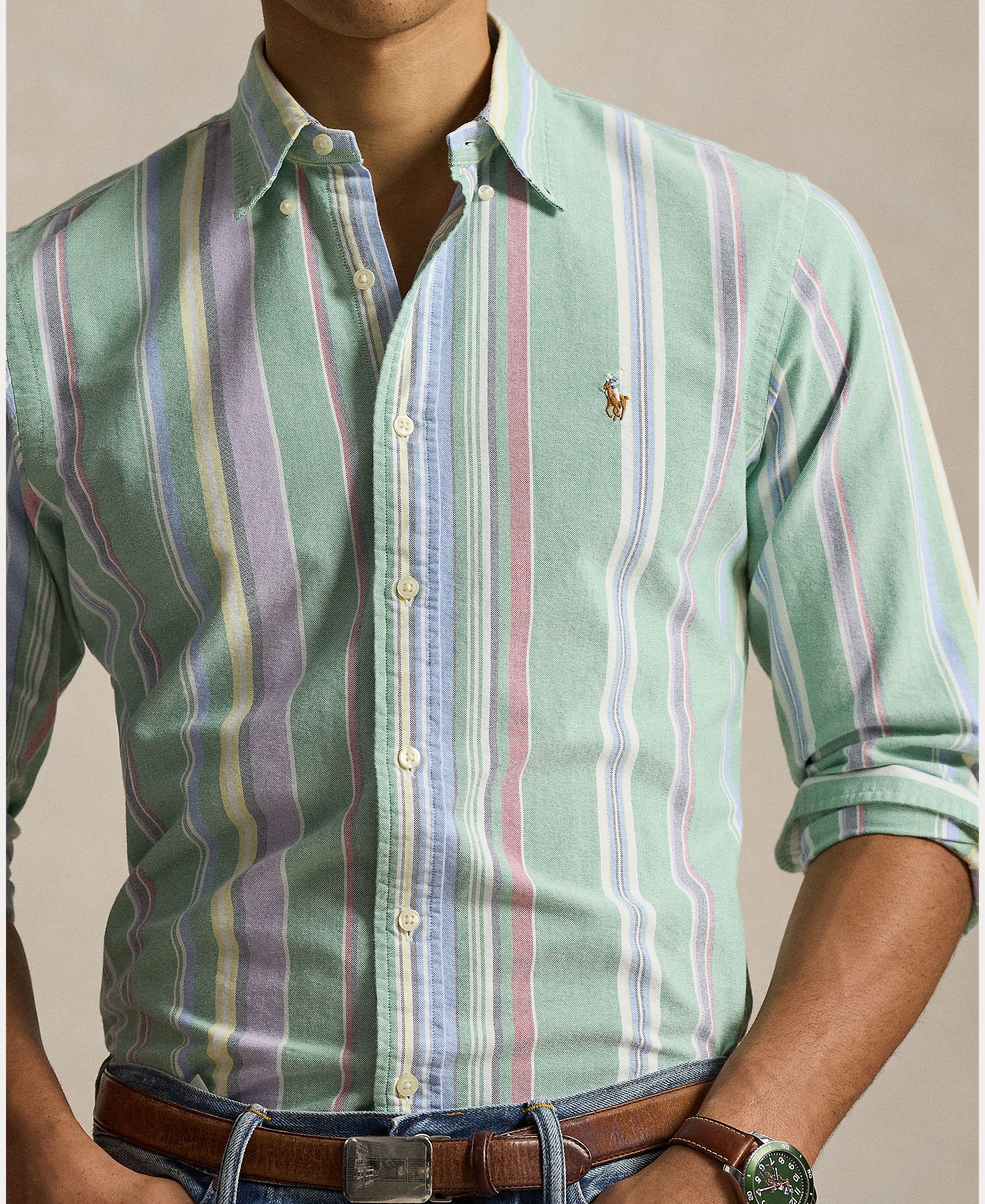 Camisa Oxford às Riscas Custom Fit Verde-4