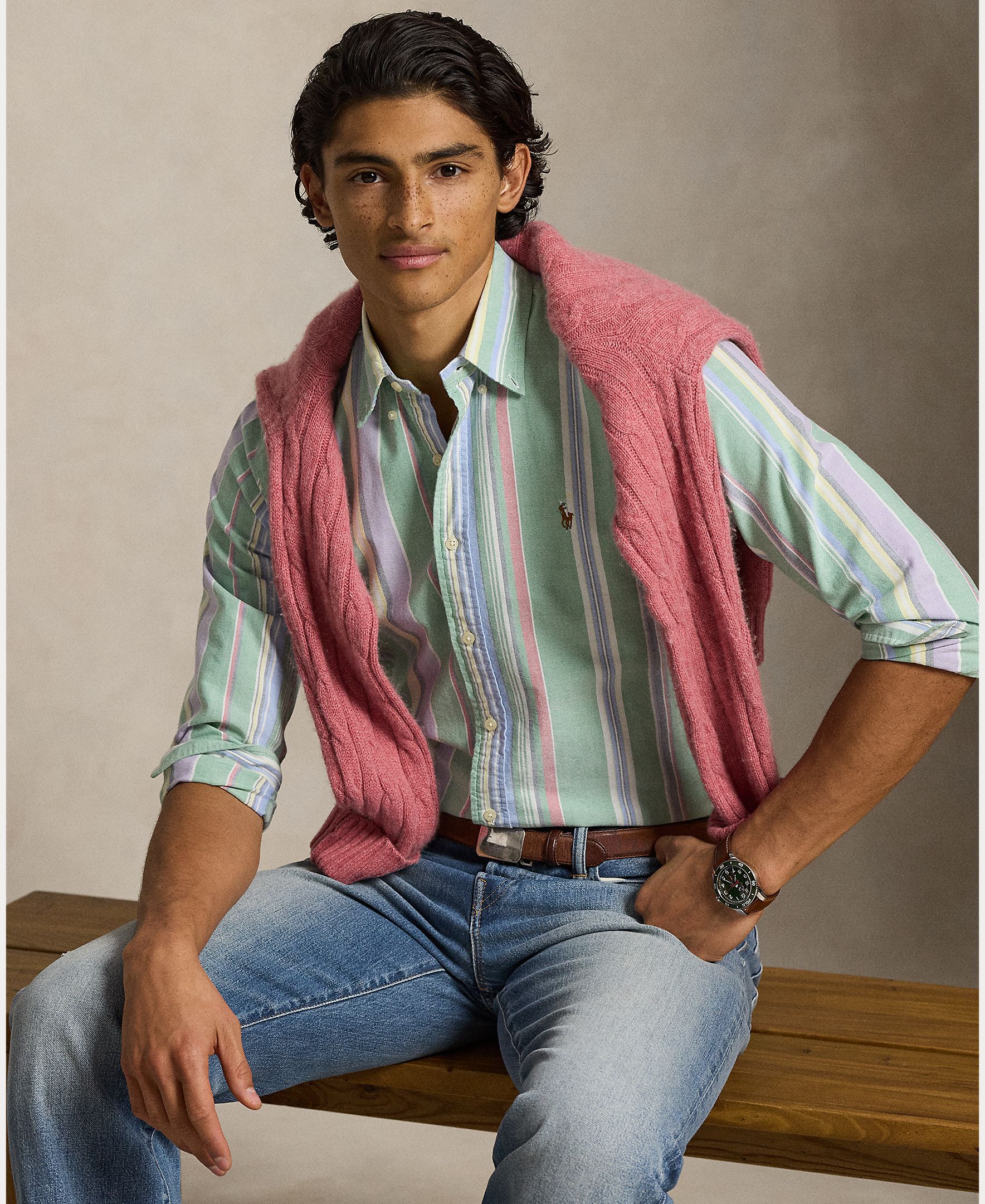 Camisa Oxford às Riscas Custom Fit Verde-5