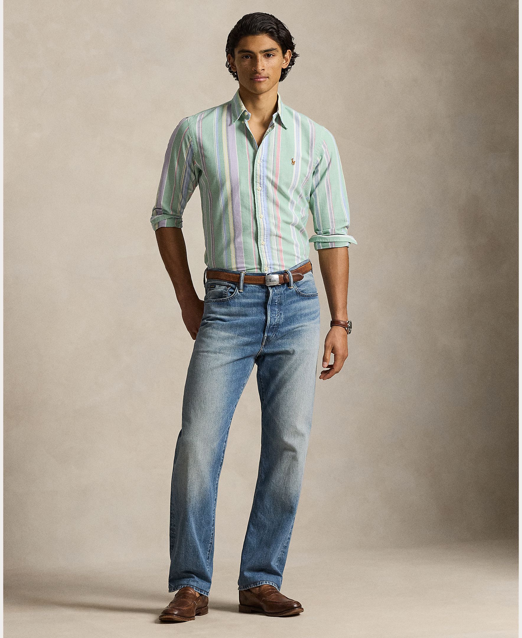 Camisa Oxford às Riscas Custom Fit Verde-7