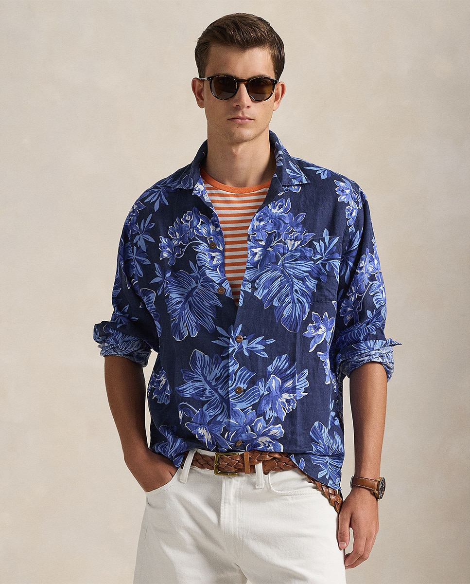 Camisa de Linho Classic Fit Estampada Azul claro / azul marinho-1