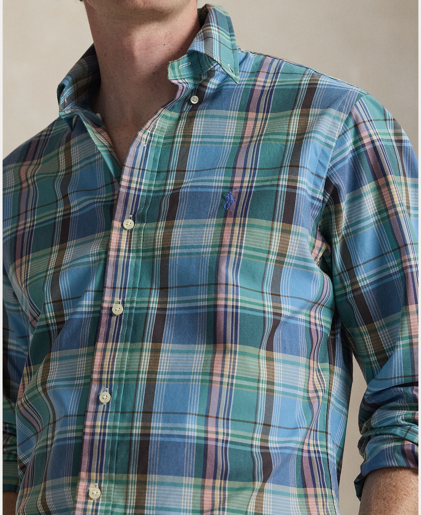 Camisa de Popelina Custom Fit aos Quadrados Azul-4