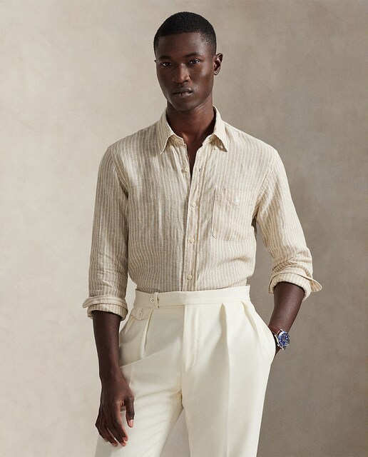 Camisa de rayas regular fit con bolsillo de lino de hombre