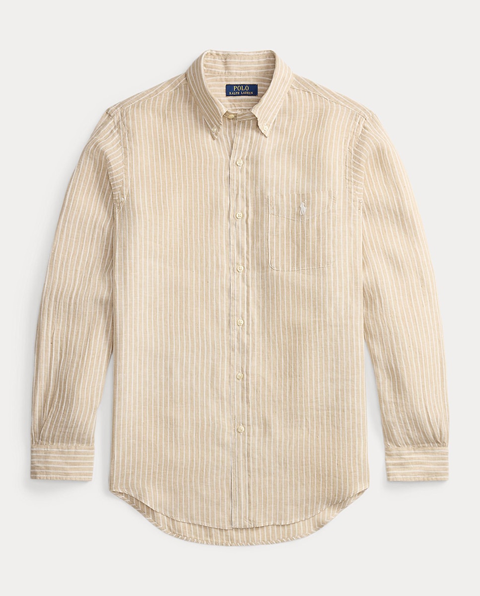 Camisa Custom Fit de Linho às Riscas Bege-6