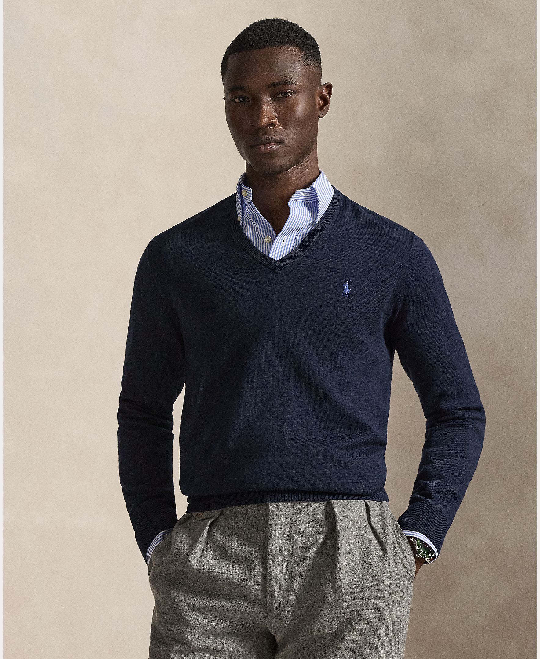 Camisola de Malha com Decote em Bico e em Algodão Azul-marinho-1