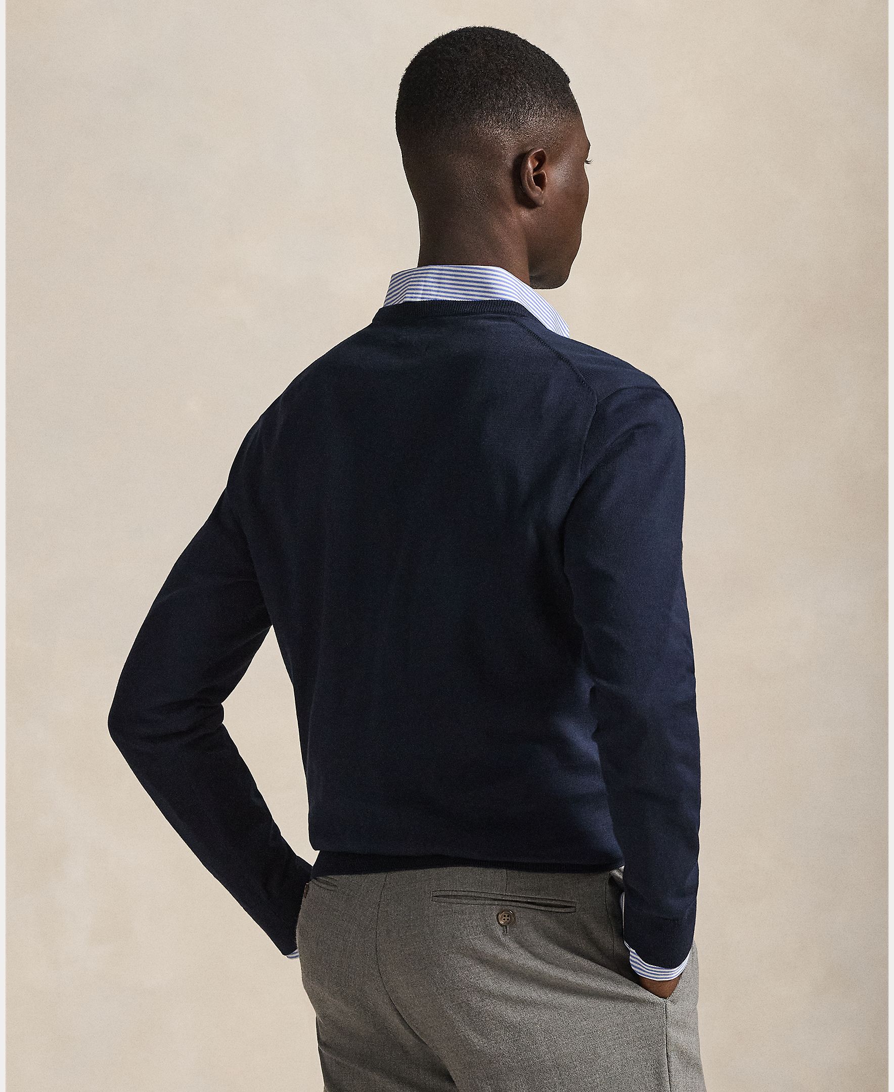 Camisola de Malha com Decote em Bico e em Algodão Azul-marinho-3